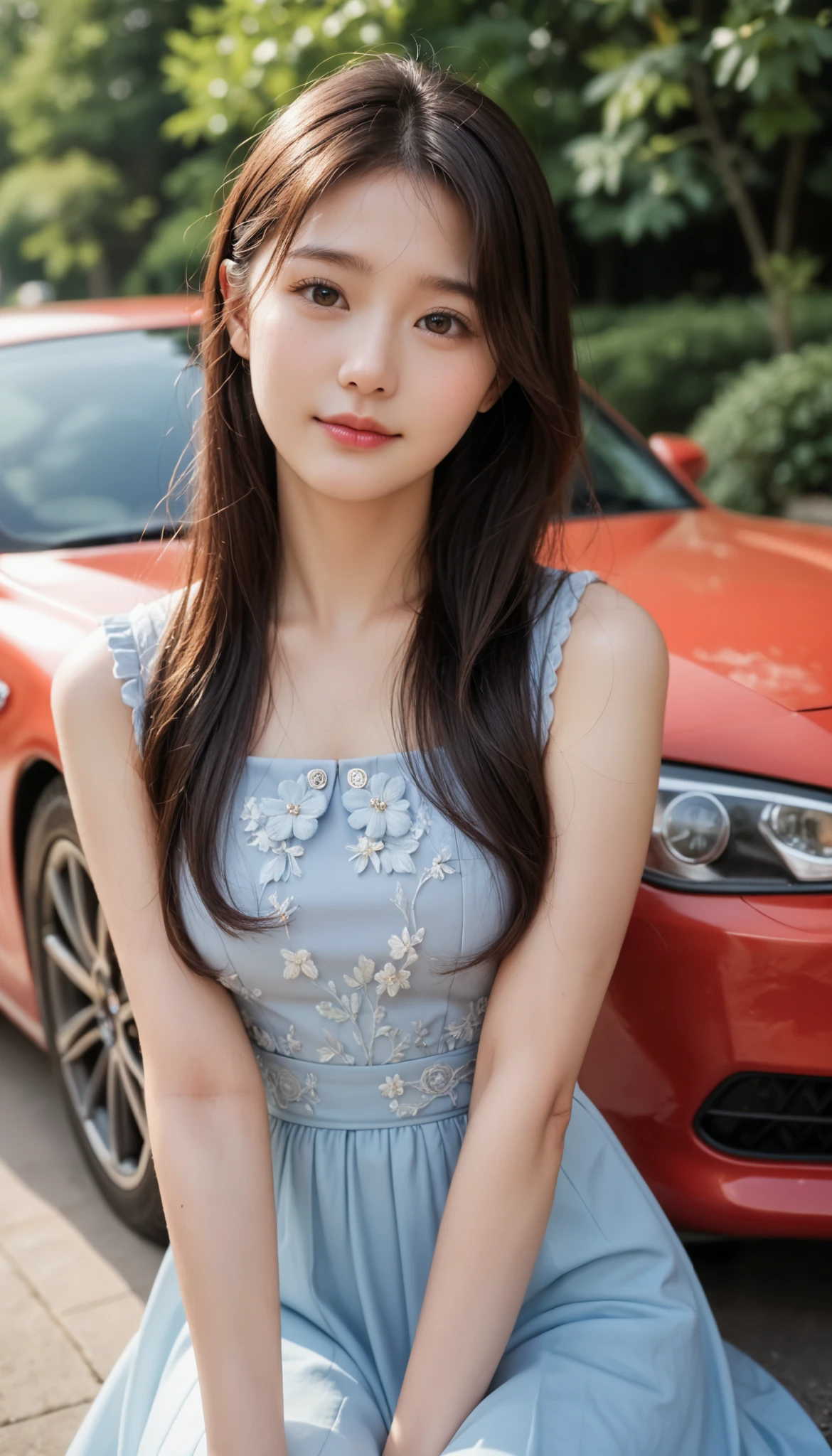 Realistic photo, 20 year old Korean beauty Korean housewife face woman, young looking housewife figure, looks back as she hurriedly runs away in front of a fancy red sports car Bright faced woman in casual dress, delicate face and body, natural light, high resolution, realistic photo, (Top quality, 8K, high resolution, masterpiece : ), very detailed, (realistic, photo realistic, photo reality: ), slender body realistic skin texture, slightly small eyes and , beautiful and delicate face, long eyelashes, smooth skin, stylish body shape real photo SLR camera UHD quality best, knees shown, underwear not visible.
