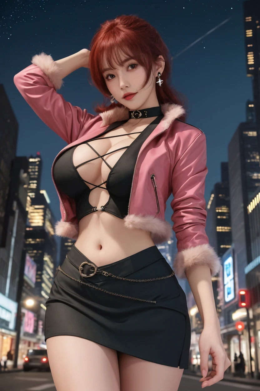 1 girl, bra, puffy leather jacket, leather pants, stylish outfit, bold, confident, motorcycle, edgy, rebellious, dramatic lighting, leather texture, urban background, huge breasts, standing pose, (best quality, 4k, 8k, high resolution, masterpiece: 1.2), ultra detailed, (realistic, photoreal, photoreal: 1.37), intense colors, city at night,  elise,
