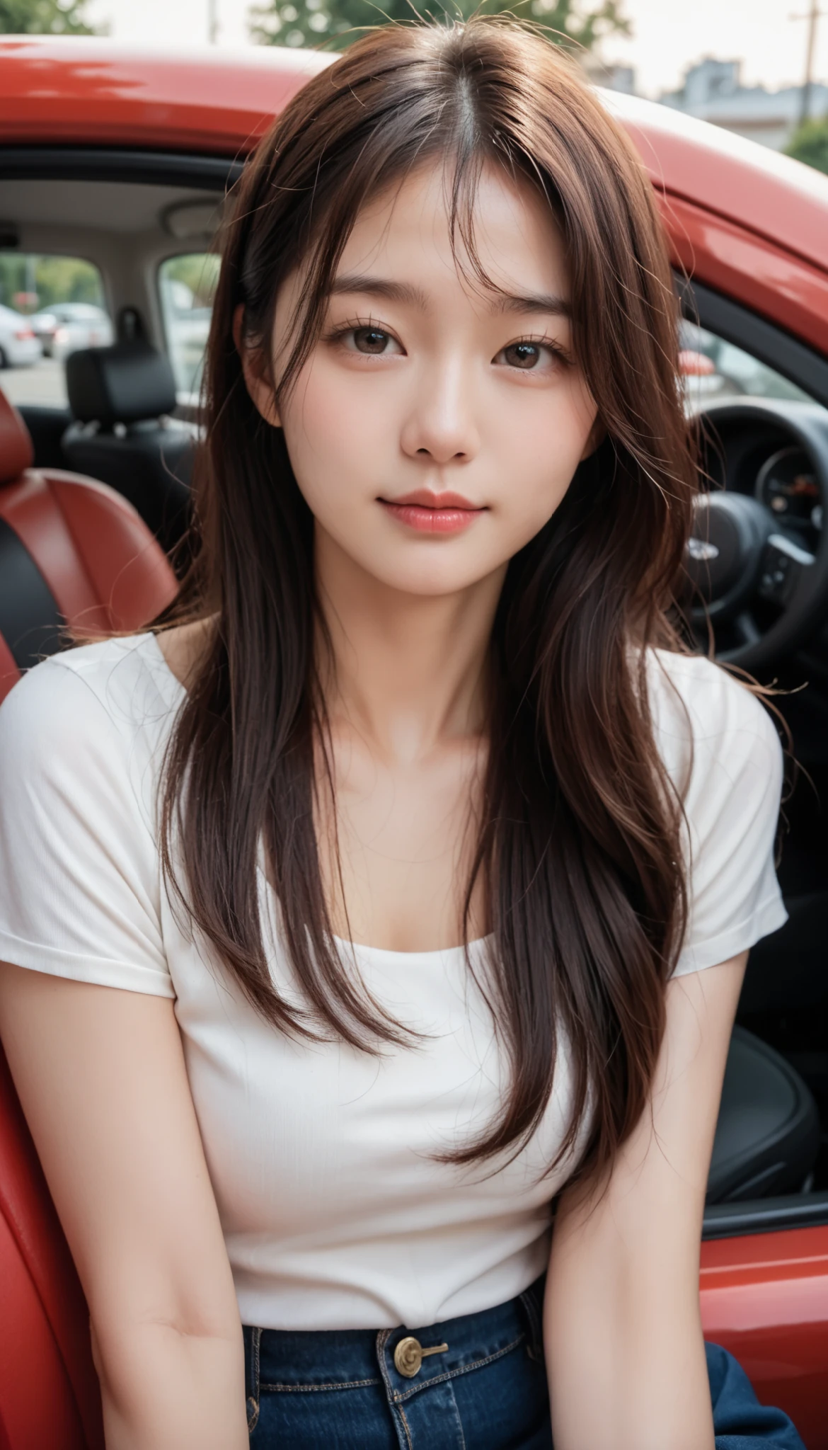 Realistic photo, 20 year old Korean beauty Korean housewife face woman, young looking housewife look, bright faced woman posing in front of a nice red sports car wearing casual clothes, delicate face and body, natural light, high resolution, realistic photo, (top quality, 8K, high resolution, masterpiece : ), very detailed, (realistic, photo realistic, photo reality: ), slender body realistic skin texture, slightly small eyes and , beautiful and delicate face, long eyelashes, smooth skin, stylish body shape real photo SLR camera UHD quality best, knees shown, underwear not visible.