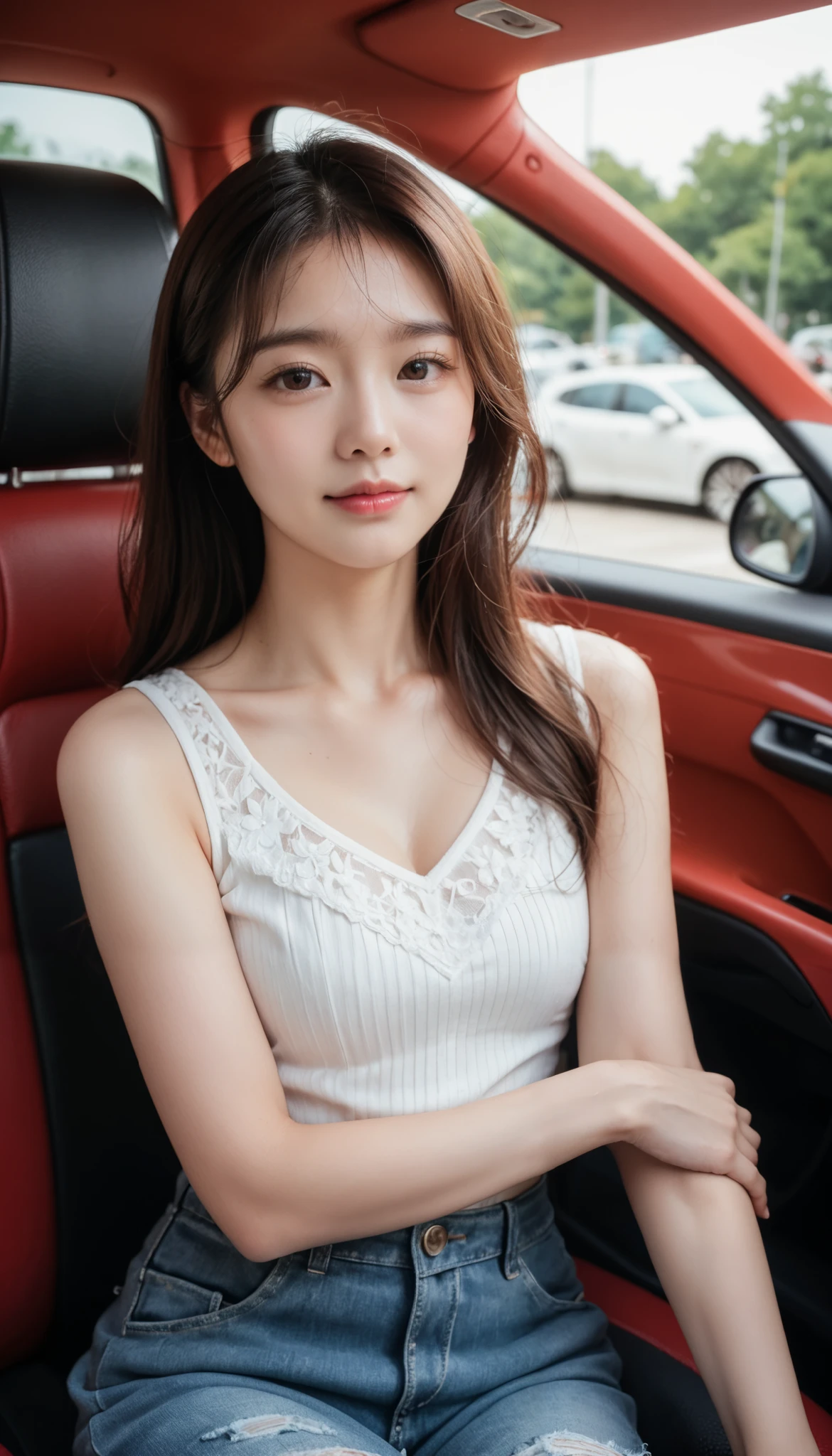 Realistic photo, 20 year old Korean beauty Korean housewife face woman, young looking housewife look, bright faced woman posing in front of a nice red sports car wearing casual clothes, delicate face and body, natural light, high resolution, realistic photo, (top quality, 8K, high resolution, masterpiece : ), very detailed, (realistic, photo realistic, photo reality: ), slender body realistic skin texture, slightly small eyes and , beautiful and delicate face, long eyelashes, smooth skin, stylish body shape real photo SLR camera UHD quality best, knees shown, underwear not visible.