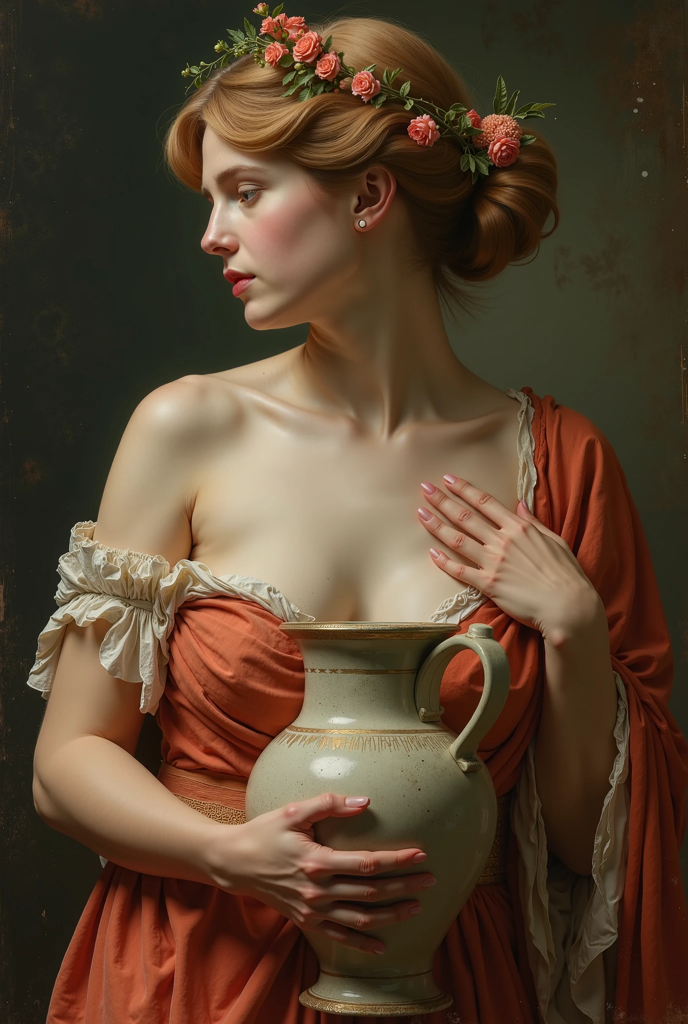 # a woman holding a jug # classical # Persephone # ancient greek goddess, greek # perfect woman#naked breasts