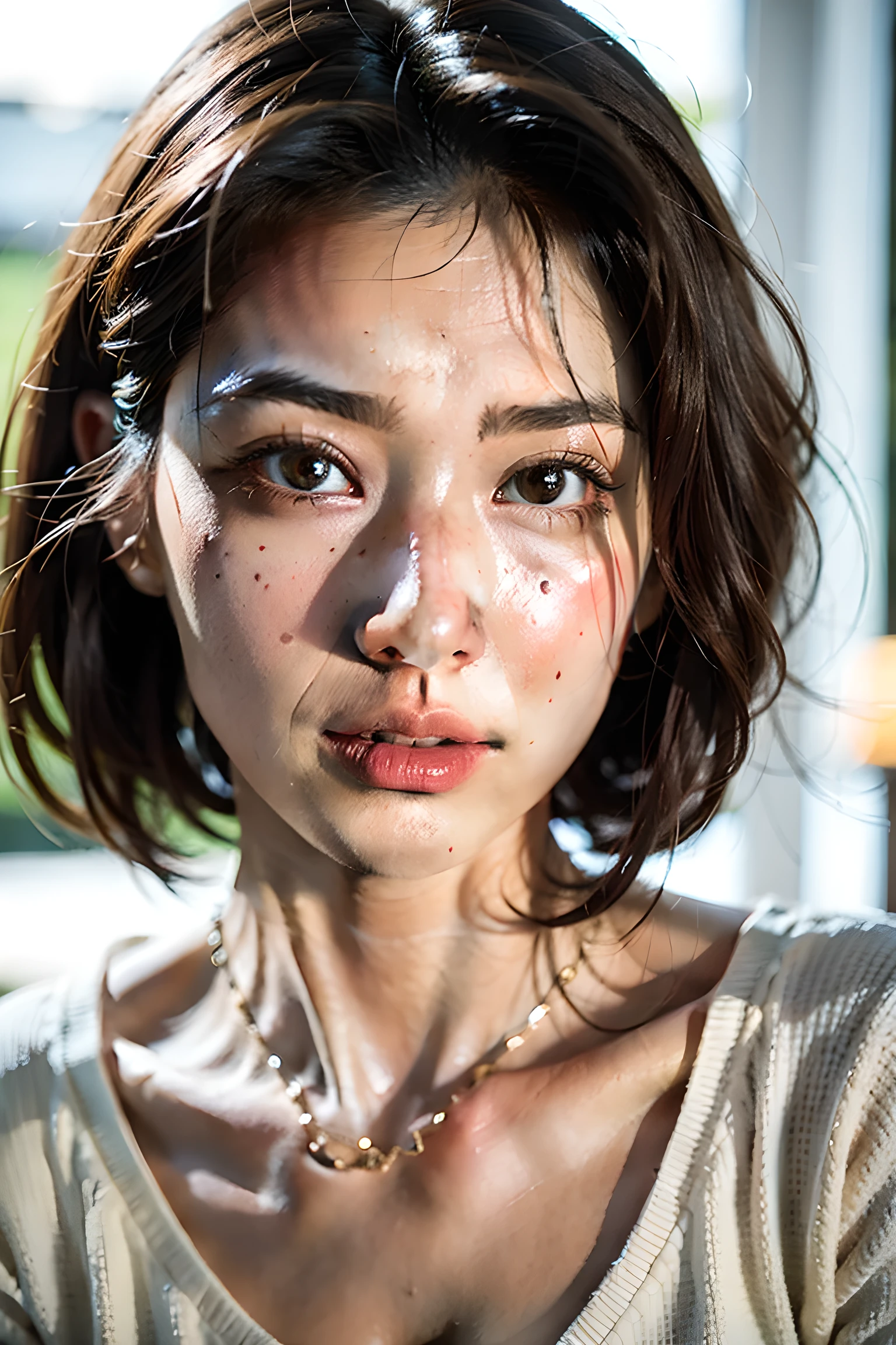 ((top quality, 8 thousand, masterpiece:1.3)) Two Korean women in their 20s,  Pale and white skin, Tangled black hair, Blood, severe dark circles, Bloodstained white nurse uniform, black lips, Corruption, Fog,  dim lighting, nurse, abandoned hospital, (big bust : 1.1), (thick thighs: 1.4)
