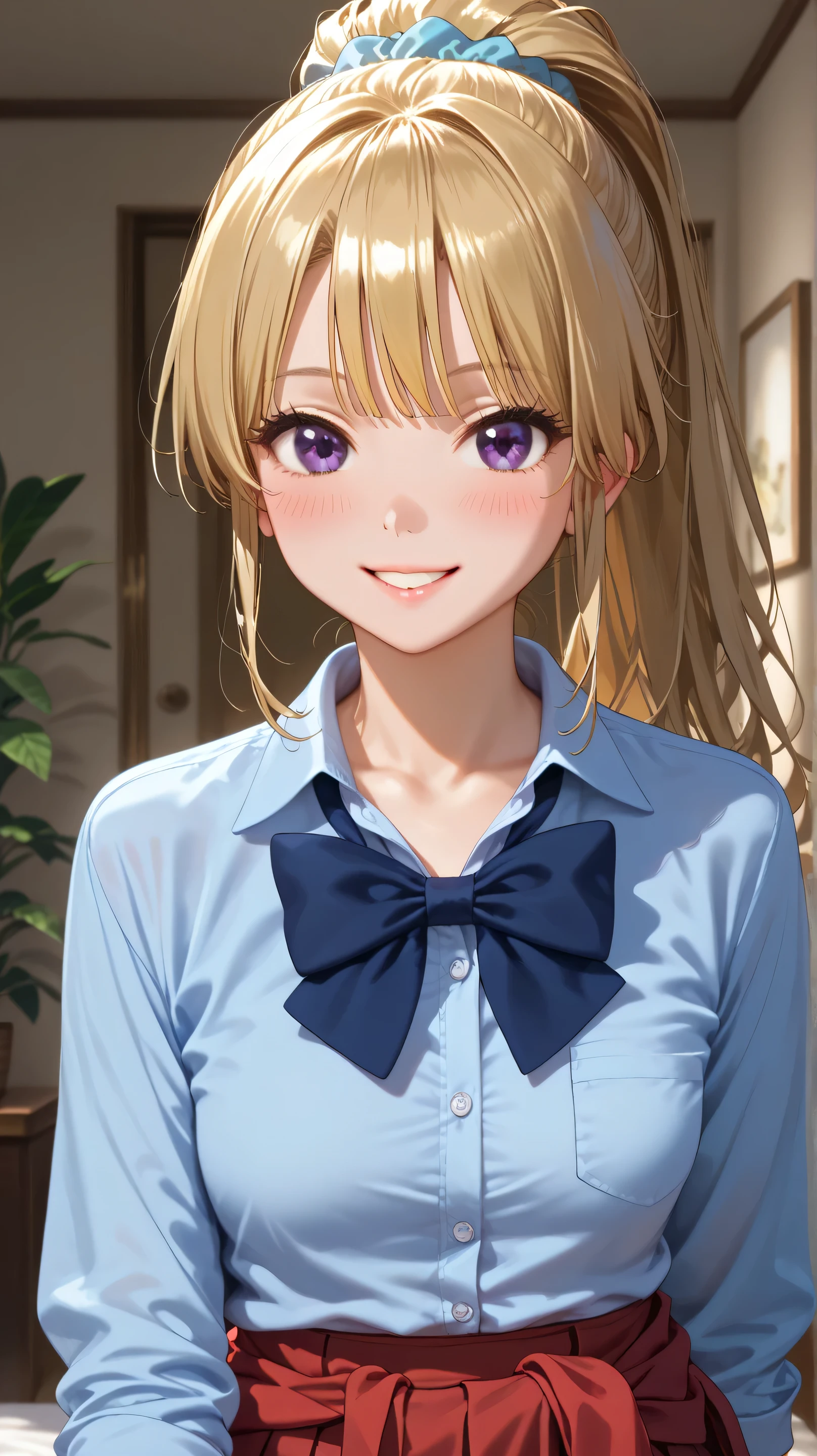 score_9,score_8_up,score_7_up, skiny skin, 1girl, KeiKaruizawa, Kei Karuizawa, ponytail hairstyle, parted lips, light blue shirt, collared shirt,bowtie, clothes around waist, pleated skirt, red skirt, bangs, hair tie, violet eyes, blush, breasts, small breasts, solo, looking at viewer, blonde hair, blonde hair, blue scrunchie, closed mouth, ponytail hairstyle, collarbone, smile, large smile,(( full shot, full body)), blush, long hair, detailed, (masterpiece, top quality, best quality, official art, beautiful and aesthetic:1.2), (1girl:1.3), extremely detailed, official artstyle, highest detailed, parted lips,wallpaper, beautiful blonde hair, bangs, (happiness, beautiful smile, happy expression, happy face), standing