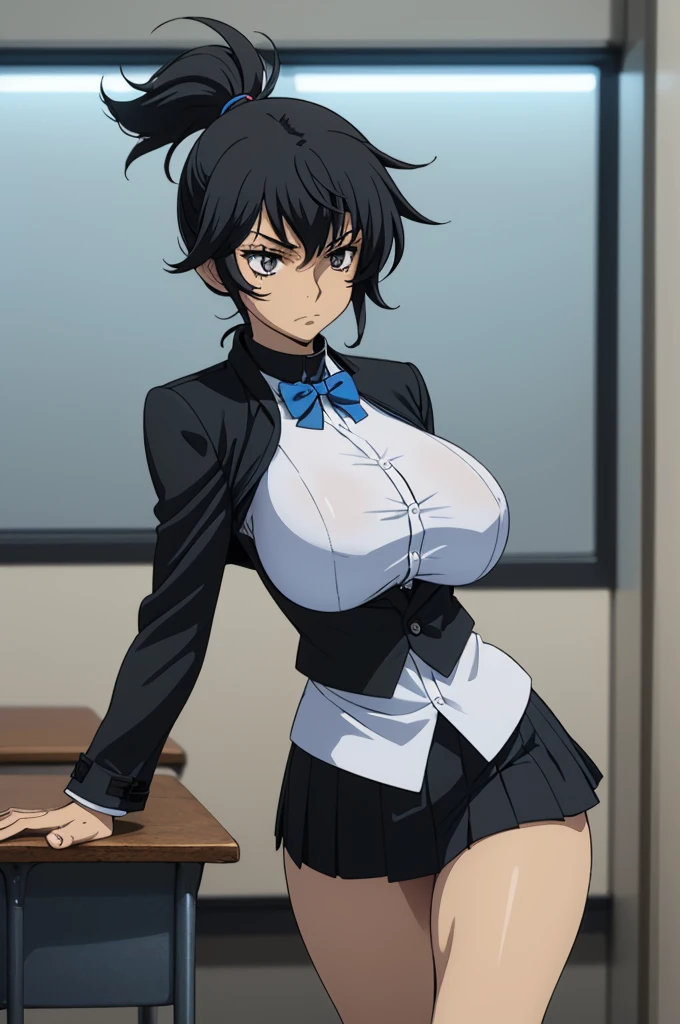 momo, anime art style, 1girl, solo, breasts, looking_at_viewer, short_hair, open_mouth, black_hair, bow, animal_ears, cleavage, brown_eyes, medium_breasts, tail, bowtie, rabbit_ears, detached_collar, playboy_bunny, rabbit_tail, rabbit_girl