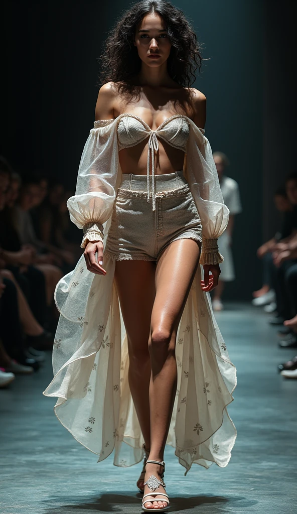 The models are in the hall々A dynamic scene of walking down the runway with、highest quality、16K high resolution、Super detailed、masterpiece、Live shooting、realistic:1.4、hyper realism:1.4、sharp focus、very delicate and beautiful、small details、1 female、alone、(full body shot:1.1)、(beautiful face:1.5)、(mature perfect body)、(detailed face:1.1)、(thin and beautiful eyes)、Perfect round eyes、(lip details)、(lipstick)、(eyeliner)、(mascara)、(eye shadow)、Spotlight、surrounded by a large audience、A model elegantly wearing a high fashion outfit.、The audience is mesmerized, and the atmosphere is vibrant and colorful, Capturing the essence of a high-end fashion show、(Clothes that expose your beautiful legs to the fullest)、At SFW