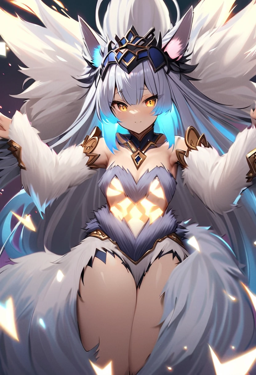 Girl,wolf girl,fluffy tail,white long hair,heterochromia, purple eyes, cyan eyes,mature girl,busty body