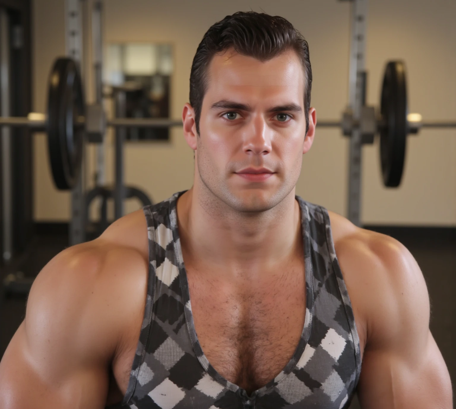 cinematic photo of handsome man, juliant, muscular, bodybuilder, bald, big beard, bushy beard, trimmed beard, bushy eyebrows, wearing tank top shirt, extreme low-cut dropped side holes,low-cut cleavage, standing, in a gym, sweaty, looking at camera, high quality, detailed   <lora:juliant_test_1:1>  <lora:StringerSDXL_v1:1>
