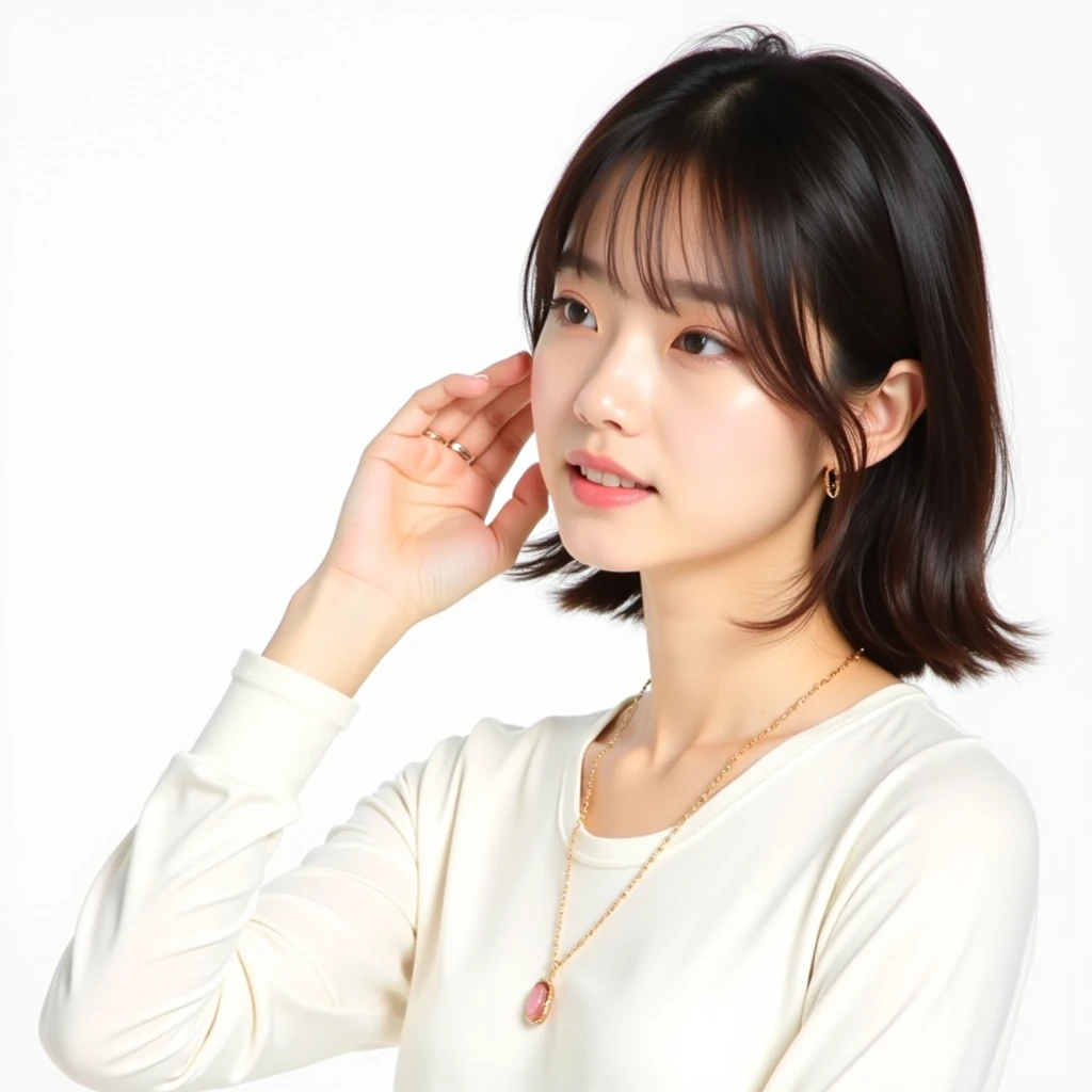(highest quality, 8k, 32k, masterpiece, Ultra-high resolution:1.2),Beautiful Japanese Women Photos, Big Breasts, Very short bob hair,Upper Body,(Extra Large_sweater,:1.1) necklace, Simple Background, Look around