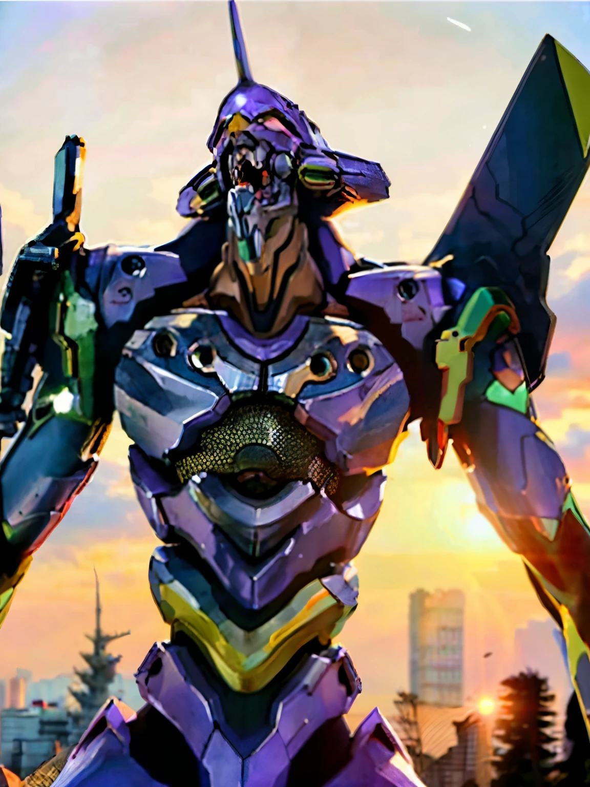 Eva01), (Eva初号機), realistic, Eva, evangelion mecha realistic, SF, Staring at the Audience , ( Official Art, Mejor calidad , Masterpiece: 1.2), High Definition , background, 8K HDR,(Extremely biological ),( has a pro knife ),( see a beautiful abstract background {x} smooth body surface like a living thing ),( A futuristic city with few bullets and beautiful organic stuff ),( head is the first unit ),( Organic giant ), Full Body Portrait,(Broad shoulders),( musculoskeletal 々),( back arched),( Saturn Stance ),( can see internal teeth when opening the mouth ),( Beautiful Sunset ),