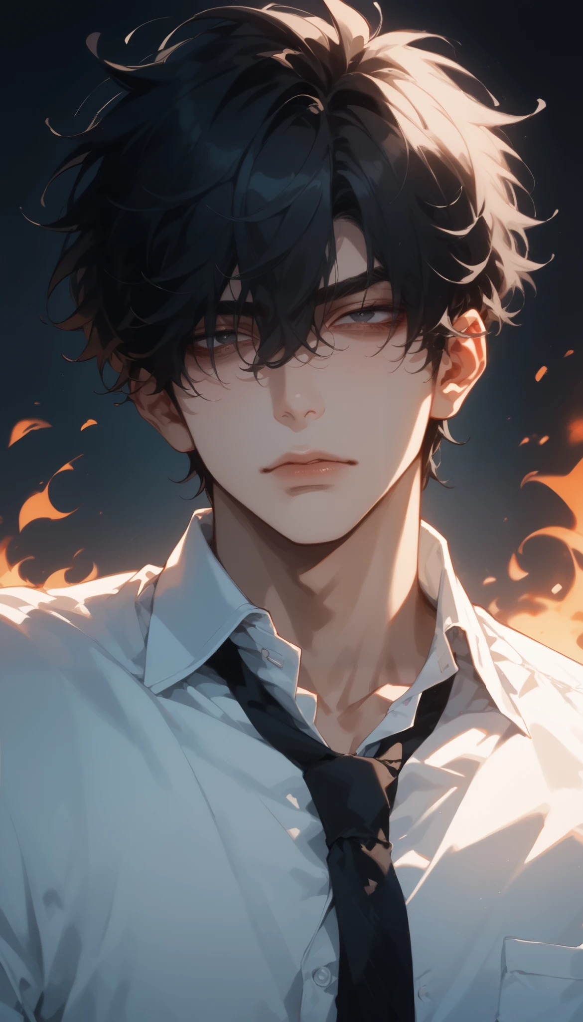 (score_9, score_8_ up), score_7_ dark atmosphere, Adult male, black hair, fluent language , one boy , dark eyes, No Emotion , male concentrated, concentrated, Chest, flameout , reality , Bust , sexy boy , bangs over eyes , dress shirt, black loose tie、Downcast eyes、suit、Thin eyebrows