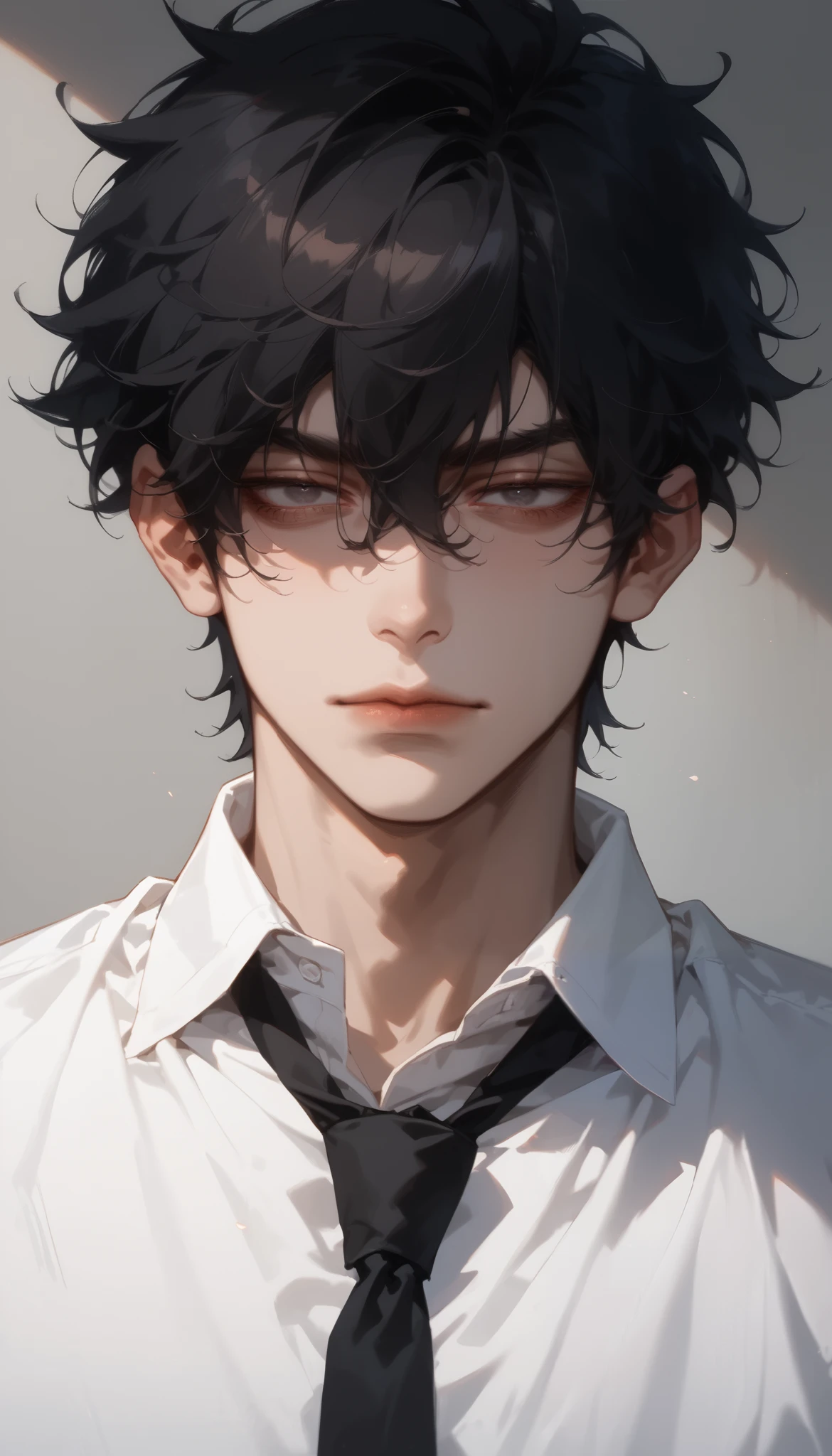 (score_9, score_8_ up), score_7_ dark atmosphere, Adult male, black hair, fluent language , one boy , dark eyes, No Emotion , male concentrated, concentrated, Chest, flameout , reality , Bust , sexy boy , bangs over eyes , dress shirt, black loose tie、Downcast eyes、suit、Thin eyebrows