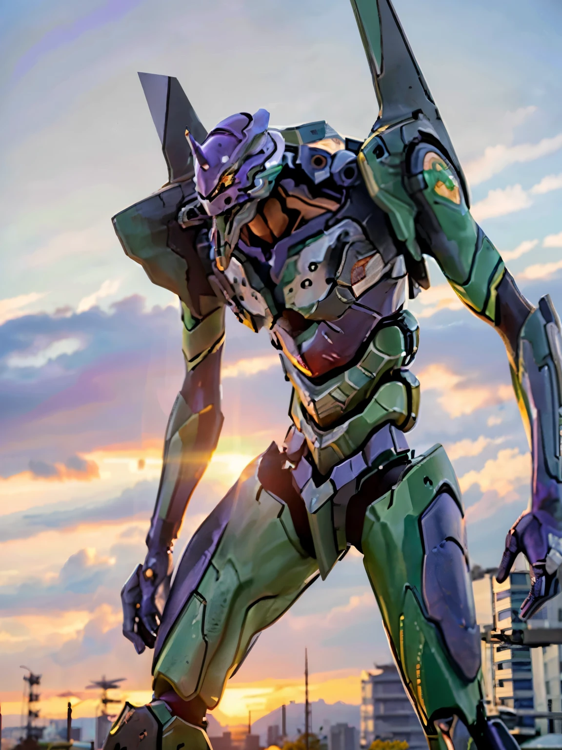 Eva01), (Eva初号機), realistic, Eva, evangelion mecha realistic, SF, Staring at the Audience , ( Official Art, Mejor calidad , Masterpiece: 1.2), High Definition , background, 8K HDR,(Extremely biological ),( has a pro knife ),( see a beautiful abstract background {x} smooth body surface like a living thing ),( A futuristic city with few bullets and beautiful organic stuff ),( head is the first unit ),( Organic giant ), Full Body Portrait,(Broad shoulders),( musculoskeletal 々),( back arched),( Saturn Stance ),( can see internal teeth when opening the mouth ),( Beautiful Sunset ),( Extremely Wide Shouldered ),(The 200-meter-tall giant )