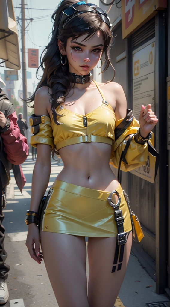 Cute Teen Idol Girl、whole body、Good style、、、、、、、、、、Thick legs、Glowing fluorescent steampunk costume（Red、blue、yellow、green、orange）、、Cool girl face、、cyber belt