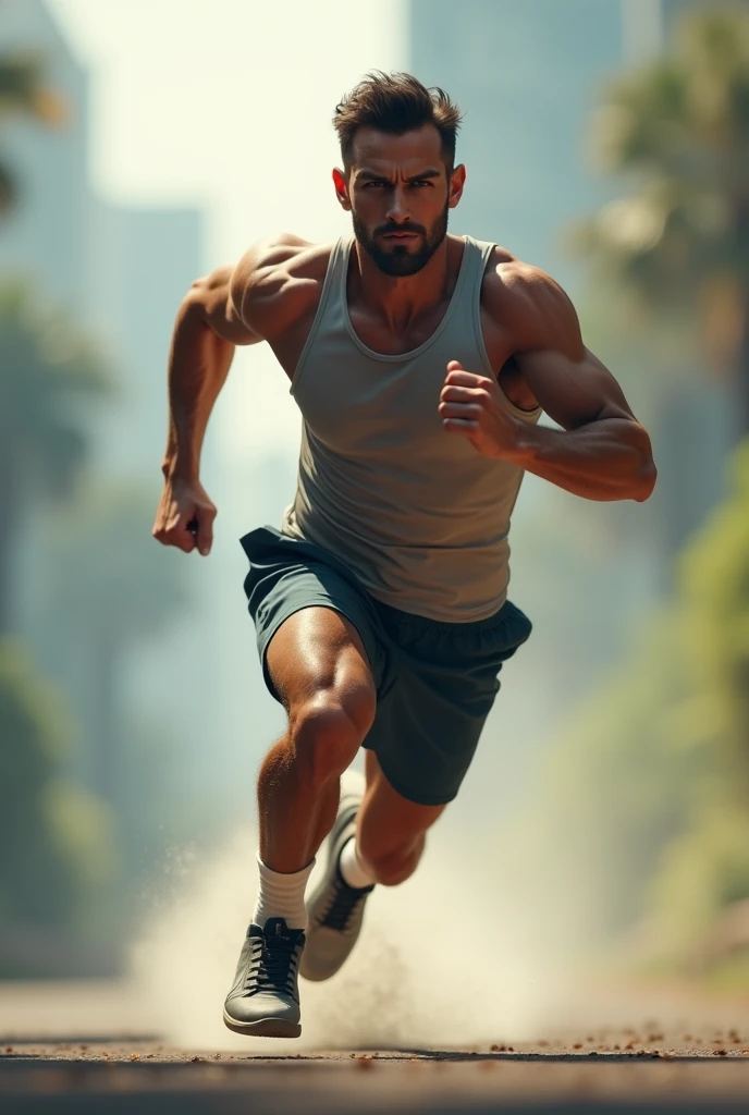 A man running, wearing shorts pant, watch in background,size:- 3000×3000