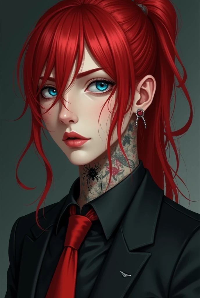 She is an attractive figure of 18-20 years old, Her long red hair provides a vivid contrast to her gothic style. Seus olhos penetrantes, accentuated by dark makeup, and full, defined lips exude a mixture of mystery and indifference. Dressed in a white dress shirt with a loose black tie, her silhouette is distinctly feminine, highlighted by her rounded breasts and firm, sculpted curves. A tattoo adorns your neck, and a cigarette casually held between his fingers adds to his aura of defiance and indifference, painting a portrait of a woman who navigates life by her own rules, full of confidence and power.