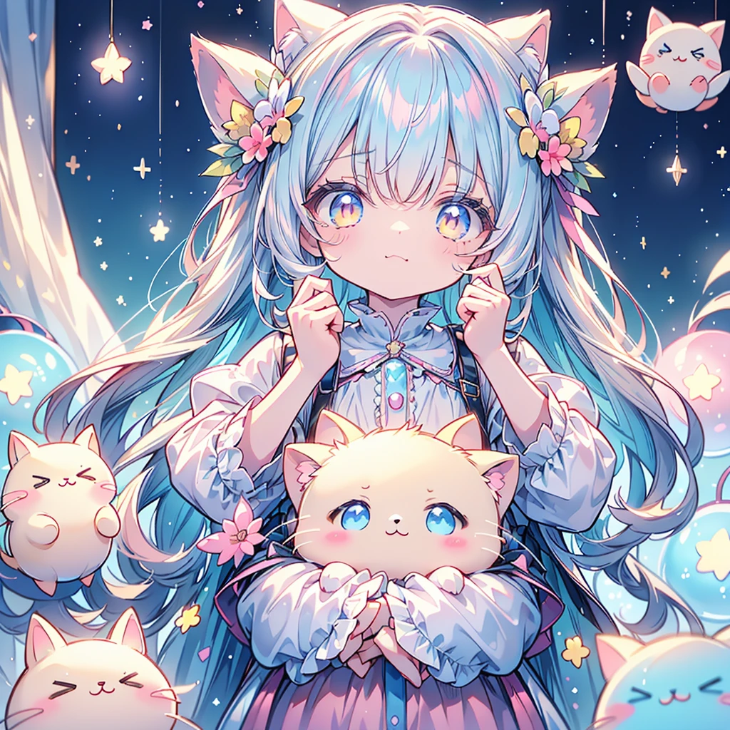 light blue long hair，Pale pink eyes，The hair was tied up with two pink headbands，Falls on the chest，Often wears a white shirt and pink kitten slippers。Beautifully painted，Holding a black kitten doll in his hand，Extremely delicate and beautiful eyes，best qualityer，tmasterpiece，illustratio，Extreme graphics