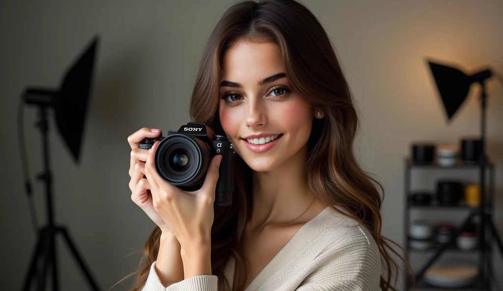 masterpiece, best quality, extremely detailed, hyperrealistic, photorealistic, a beautiful photographer, holding a camera with both hands, peering through that camera viewfinder:1.2, taking a photo