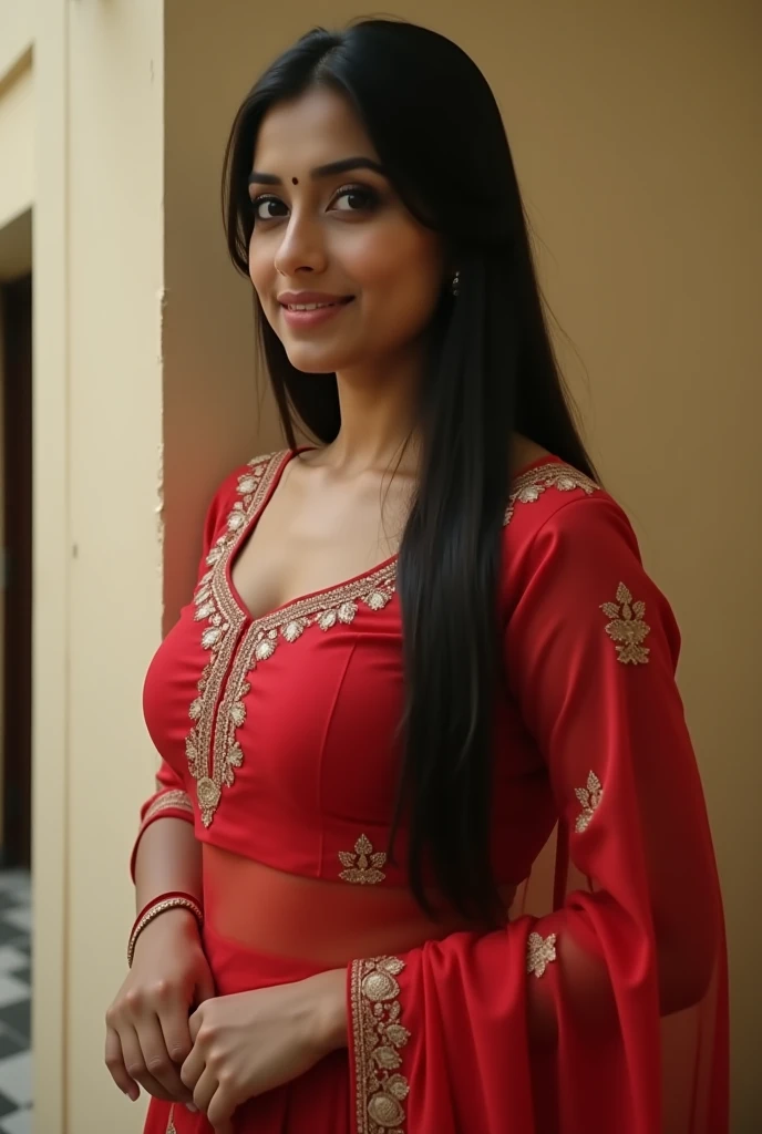 23 year old indian woman tette grandi capezzoli ritto viso sorridente, standing, seductive, , shoulder length black hair, thin eyebrows, fair skin, blushing cheeks, perfect body, big breasts, colour saree, cleavage, castle hallway, eye contact, seductive smile, high detail, feminine facial features, slim, slender, high resolution, real girl, realism, realistic, soft lighting, The perspective is from below, emphasizing the sheer majesty