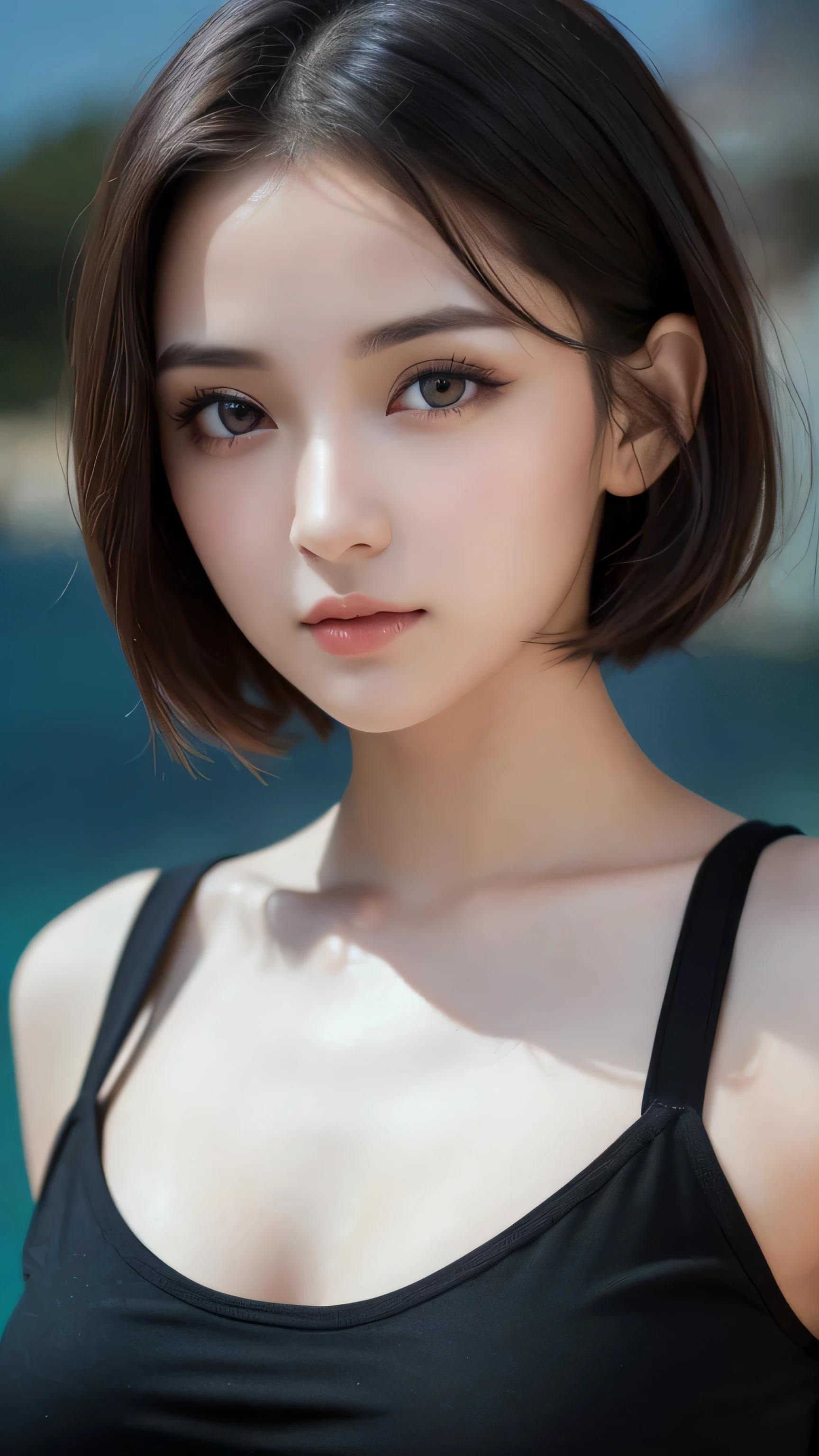 (yinchuan:1.5), close-up, masterpiece, best quality, raw photo, photorealistic, face, incredibly ridiculous, beautiful girl, cute, short hair, depth of field, high resolution, ultra detail, fine detail, very detailed, highly detailed eyes and face, sharp pupils, realistic pupils, sharp focus, cinematic lighting, swimsuit, upper body