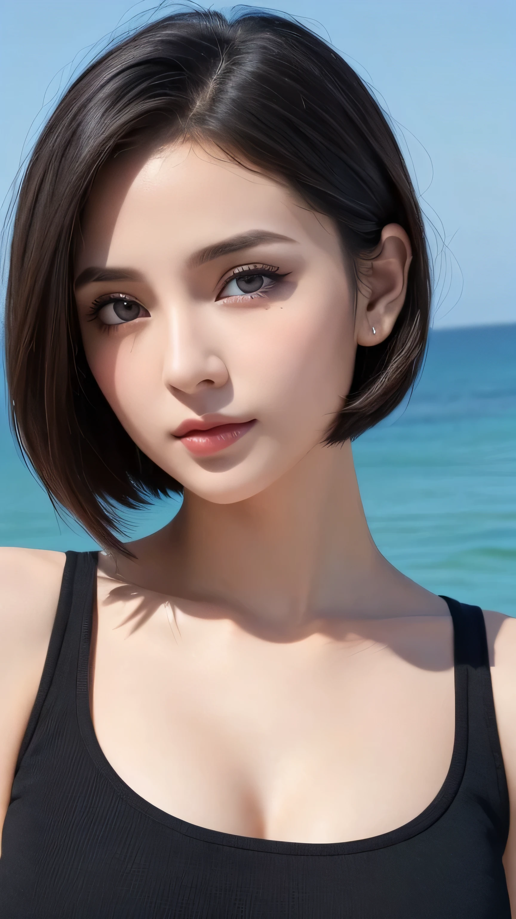 black hair, hair bobbles, longeyelashes, solid circle eyes, light smile, mole under eye, light smile, shy, puckered lips, Surrealism, drop shadow, stereogram, pov, atmospheric perspective, depth of field, first-person view, f/1.8, 8k, super detail, ccurate, best quality, highres, best quality,short cut hair, (beautiful detailed makeup), (sexually aroused blushing heavy breathing:1.0), (soft glow bloom:0.5),mole under eye:1.4,upper body,smile:1.5,white bikini,Big breasts :1.2,fold your arms behind head