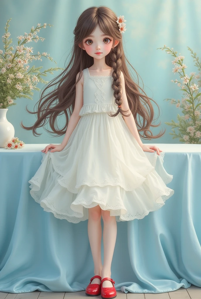 Cute little girl with big watery eyes, full body, delicate shoes, delicate hair, panda, cute black and white clothes, bamboo, small tiger teeth, popmart blind box, clay texture, clean background, natural light, best quality, ultra detail, 3d art, c4d, blender, oc renderer, 3d render, 8k