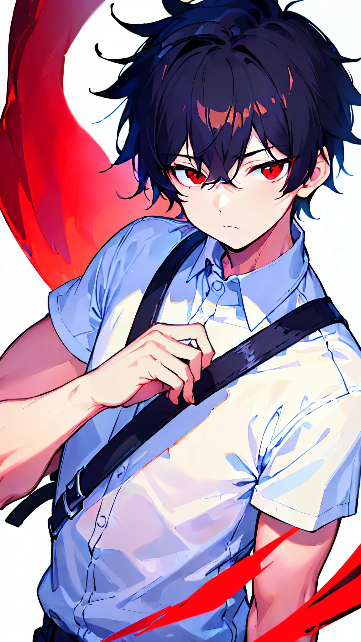 [(WHITE BACKGROUND:1.5),::5], ((((masterpiece)))), high quality, ultra very high resolution, full color, ((solo)), (()), white shirt, ((men's Black hair)), (Red eyes), anime, (upper body), (Blue Blaze effects:1.3)