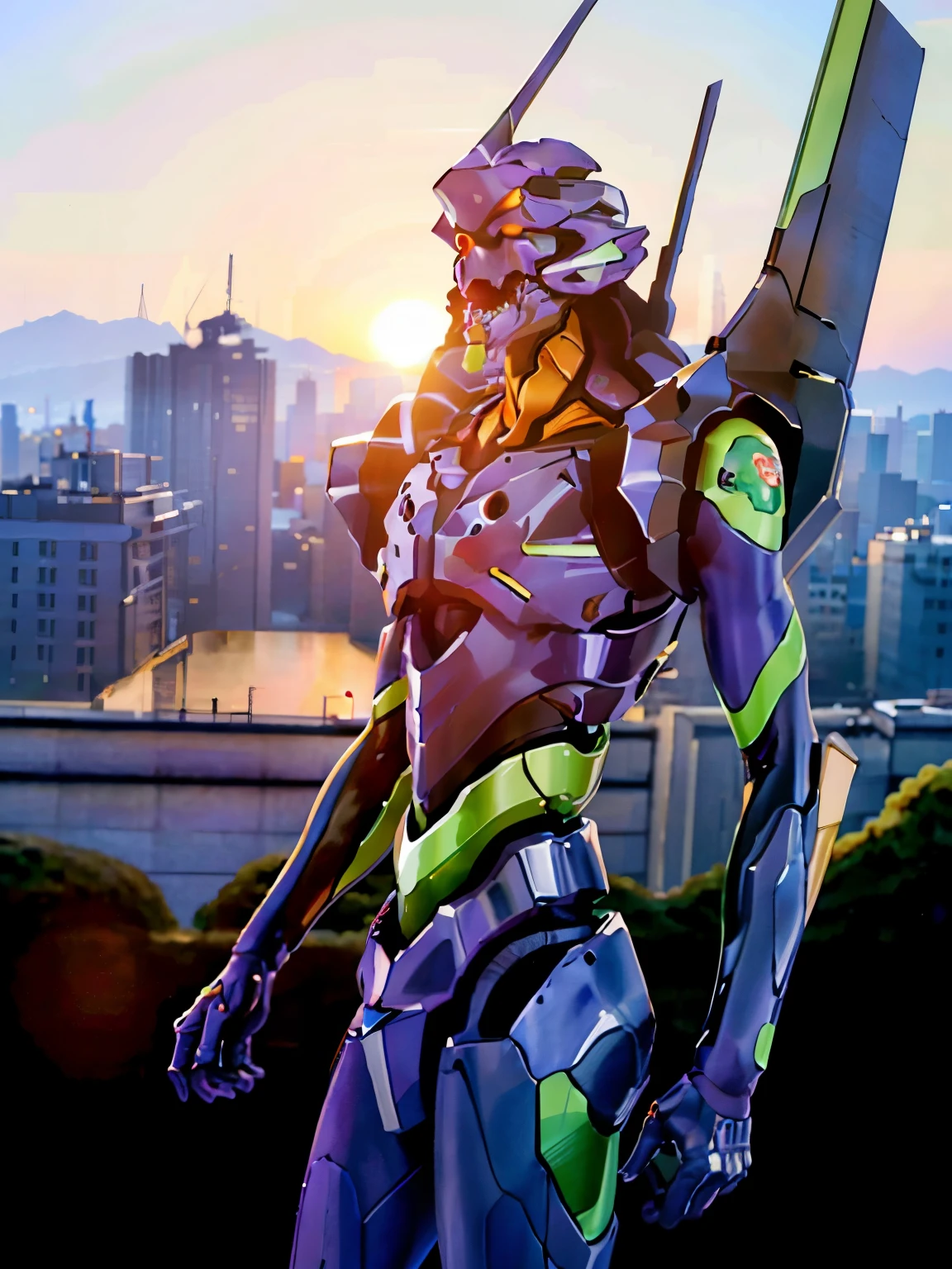 Eva01), (Eva初号機), realistic, Eva, evangelion mecha  realistic, SF,  Staring at the Audience  , ( Official Art, Mejor calidad , Masterpiece: 1.2),  High Definition  , background, 8K HDR,(Extremely biological ),(  has a pro knife  ),( see a beautiful abstract background {x}  smooth body surface like a living thing  ),( A futuristic city with few bullets and beautiful organic stuff ),(  head is the first unit  ),( Organic giant  ),  Full Body Portrait,(Broad shoulders),( musculoskeletal 々),( back arched),( Saturn Stance ),(  can see internal teeth when opening the mouth  ),(  Beautiful Sunset ),( Extremely Wide Shouldered ),(The 200-meter-tall giant )