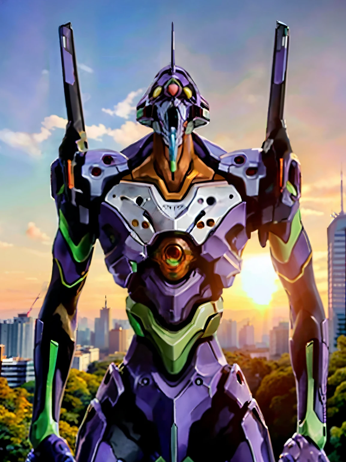 Eva01), (Eva初号機), realistic, Eva, evangelion mecha  realistic, SF,  Staring at the Audience  , ( Official Art, Mejor calidad , Masterpiece: 1.2),  High Definition  , background, 8K HDR,(Extremely biological ),(  has a pro knife  ),( see a beautiful abstract background {x}  smooth body surface like a living thing  ),( A futuristic city with few bullets and beautiful organic stuff ),(  head is the first unit  ),( Organic giant  ),  Full Body Portrait,(Broad shoulders),( musculoskeletal 々),( back arched),( Saturn Stance ),(  can see internal teeth when opening the mouth  ),(  Beautiful Sunset ),( Extremely Wide Shouldered ),(The 200-meter-tall giant )