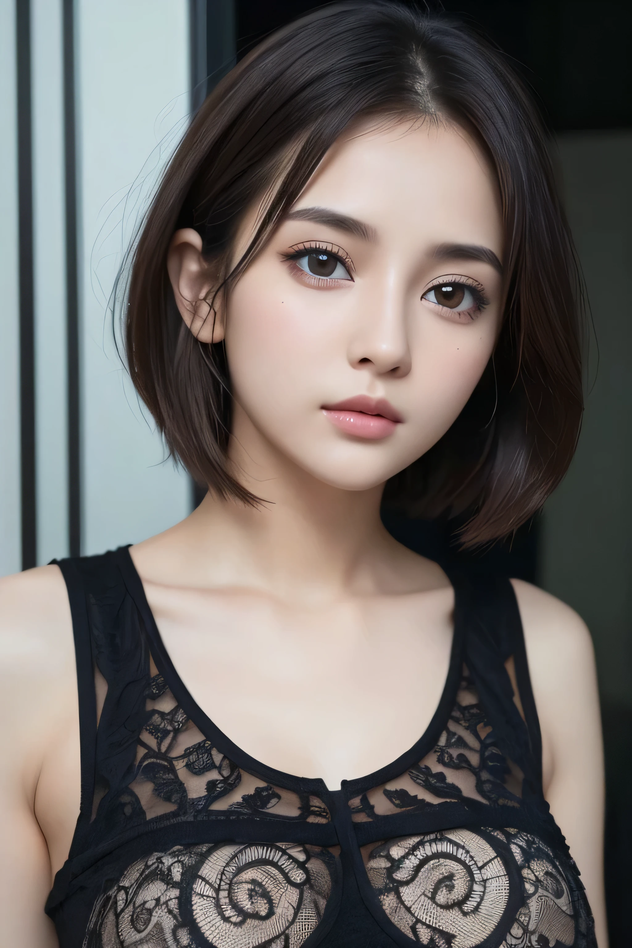 (8k, RAW Photo, Best Quality, Masterpiece:1.2), Ultra Detail, Super Resolution, (Realistic, Realistic Photo:1.37), Portrait, High Detail RAW Color Photo, Professional Photo, Extremely Detailed and Beautiful, Extremely detailed, 8k wallpaper, amazing and detailed, huge file size, official art, highly detailed CG unity 8k wallpaper, highly detailed beautiful girl, highly detailed face, highly detailed eyes, highly detailed skin, highly detailed fingers, highly detailed nose, very detailed detailed mouth , perfect anatomy, highly detailed background, highly detailed clothes, 1girl, 16 years old,,cute girl, realistic body, fair skin, glowing skin , slim body, handsome body, black hair , short hair, (blunt bangs:1.2), smile, cute, youthful, cute face, realistic face, delicate eyes, drooping eyes, cute lingerie, see-through, looking at viewer, facing front, standing posture, Contraposto, dynamic lighting, very large breasts, ((face closeup)), (large chest), (Perfect Body Proportions), (slender Body Proportions), (bedroom), super sexy pose,