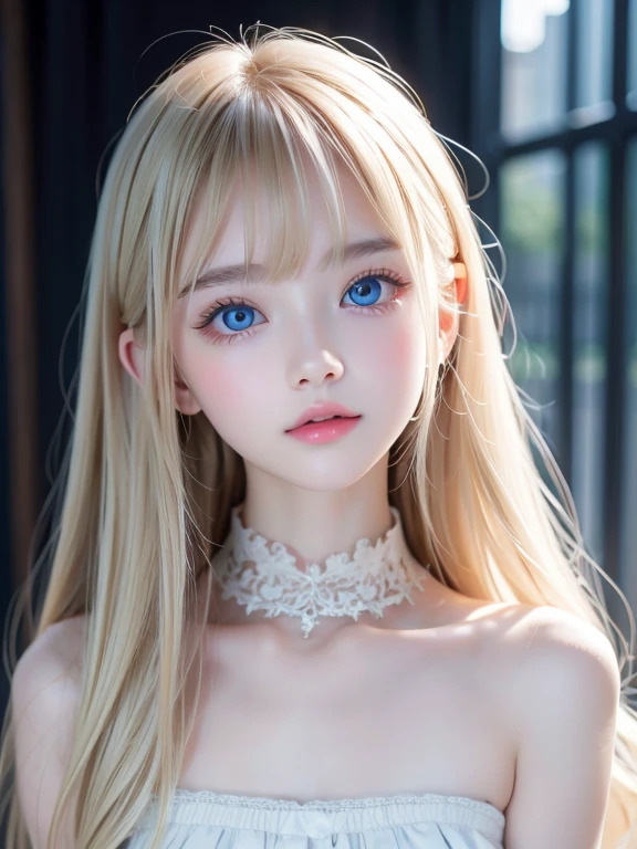 A very cute blonde beauty、Cute ************、Very beautiful bright pale light blue large eyes、Very big eyes、Gloss Face、Snow-white glossy skin、Cheek gloss highlighter、Super long hair、Ample Bust、Beautiful bangs between the eyes、Small Face Beauty、round face、eyeliner