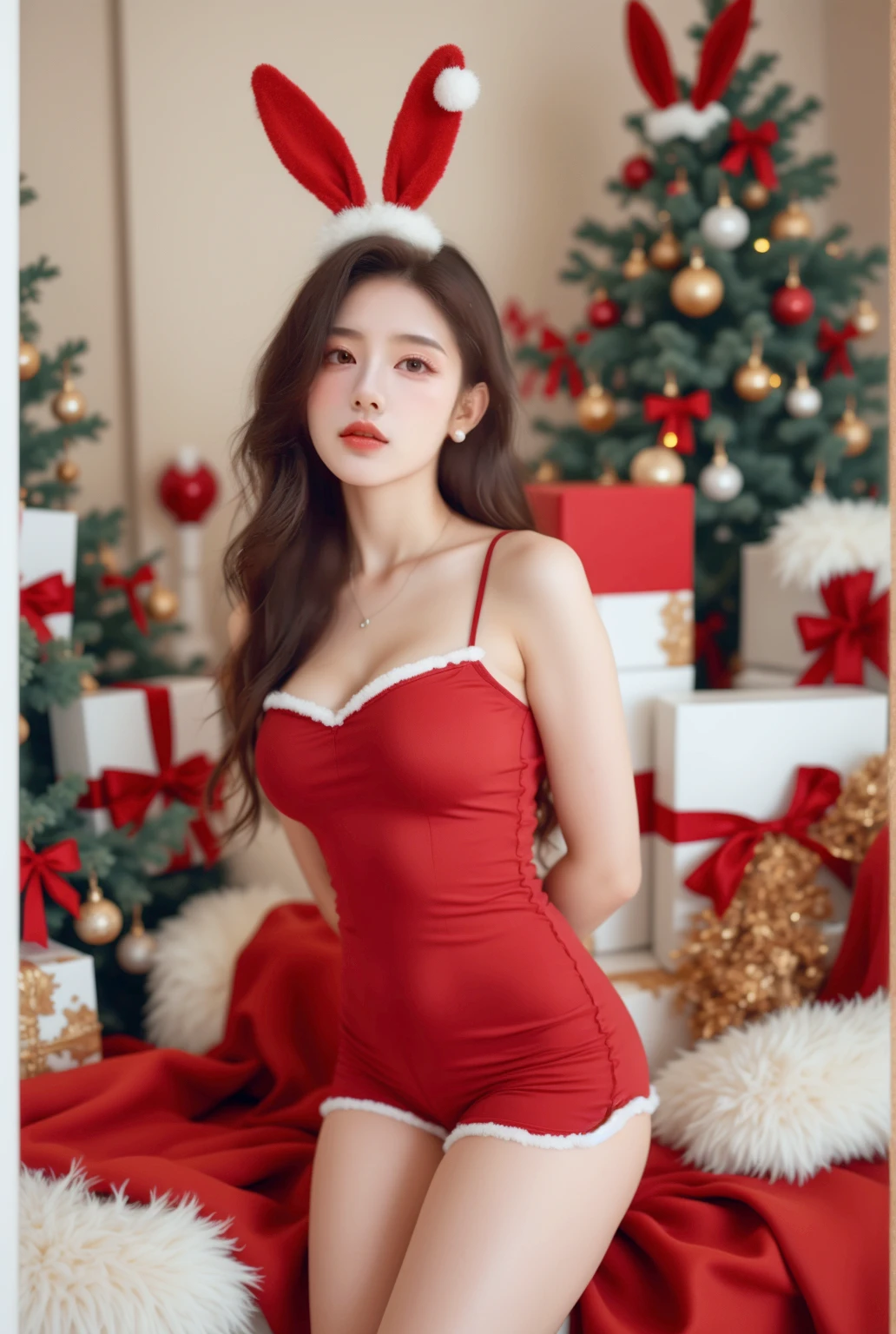 top-quality、Top image quality、masterpiece、fully body photo、25 years old women, (Blonde messy middle half updo)、bangs、((completely naked))、((slender body)), (Puffy nipple、erect nipples,visible from the front),((hairy pussy)),camel toe、soft boob、Large breasts、Bare legged、 cute smile face,Sexy buttocks,Oval light brown cell frame glasses,sexy pose,tanlines, red see_through Negligee, presentbox,in container,