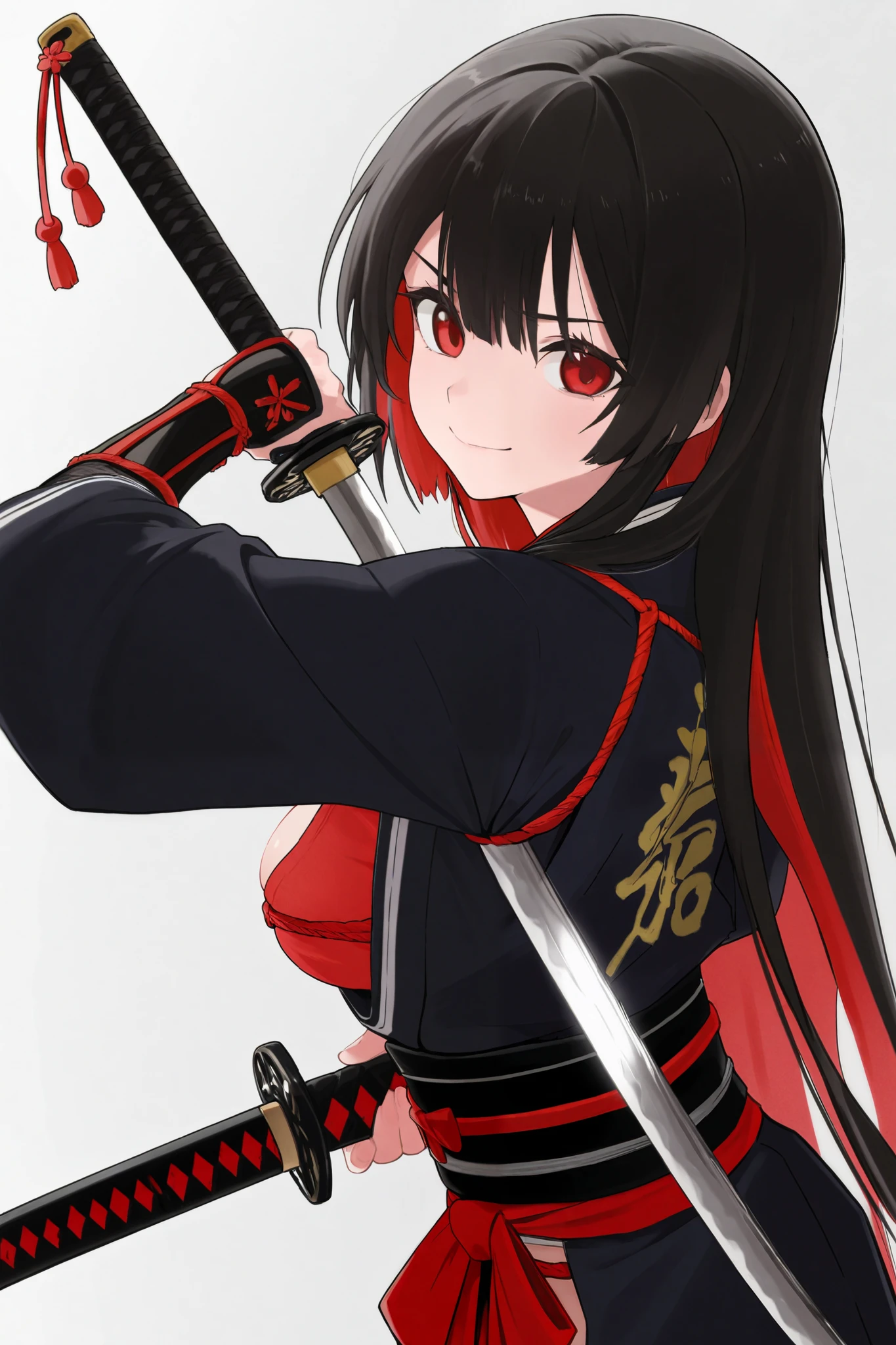 Anime girl with long black hair holding a sword and wearing a red dress ...