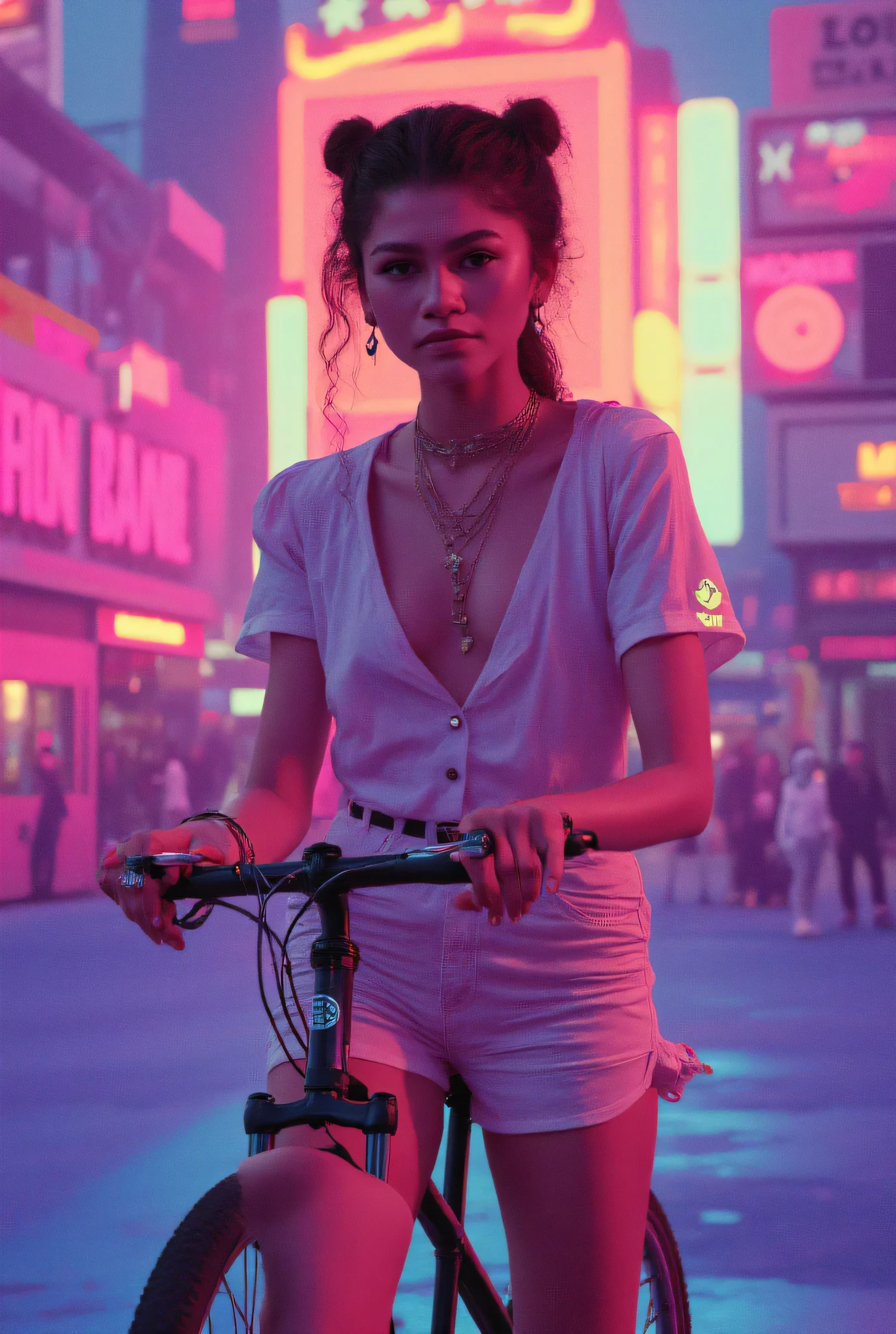 Vaporwave style. Art by Lois Van Baarle. Waist-up 25-year-old girl with and space buns. Retro aesthetic, cyberpunk, ((on a bike:1.4)) vibrant, neon colors, vintage 80s and 90s style, highly detailed, graphic illustration, graphic novel art, vibrant, cover art, dreamy, vector illustration, 2d flat, centered, by Tim Burton, professional, sleek, perfect composition, beautiful detailed intricate insanely detailed octane render trending on artstation, 8k