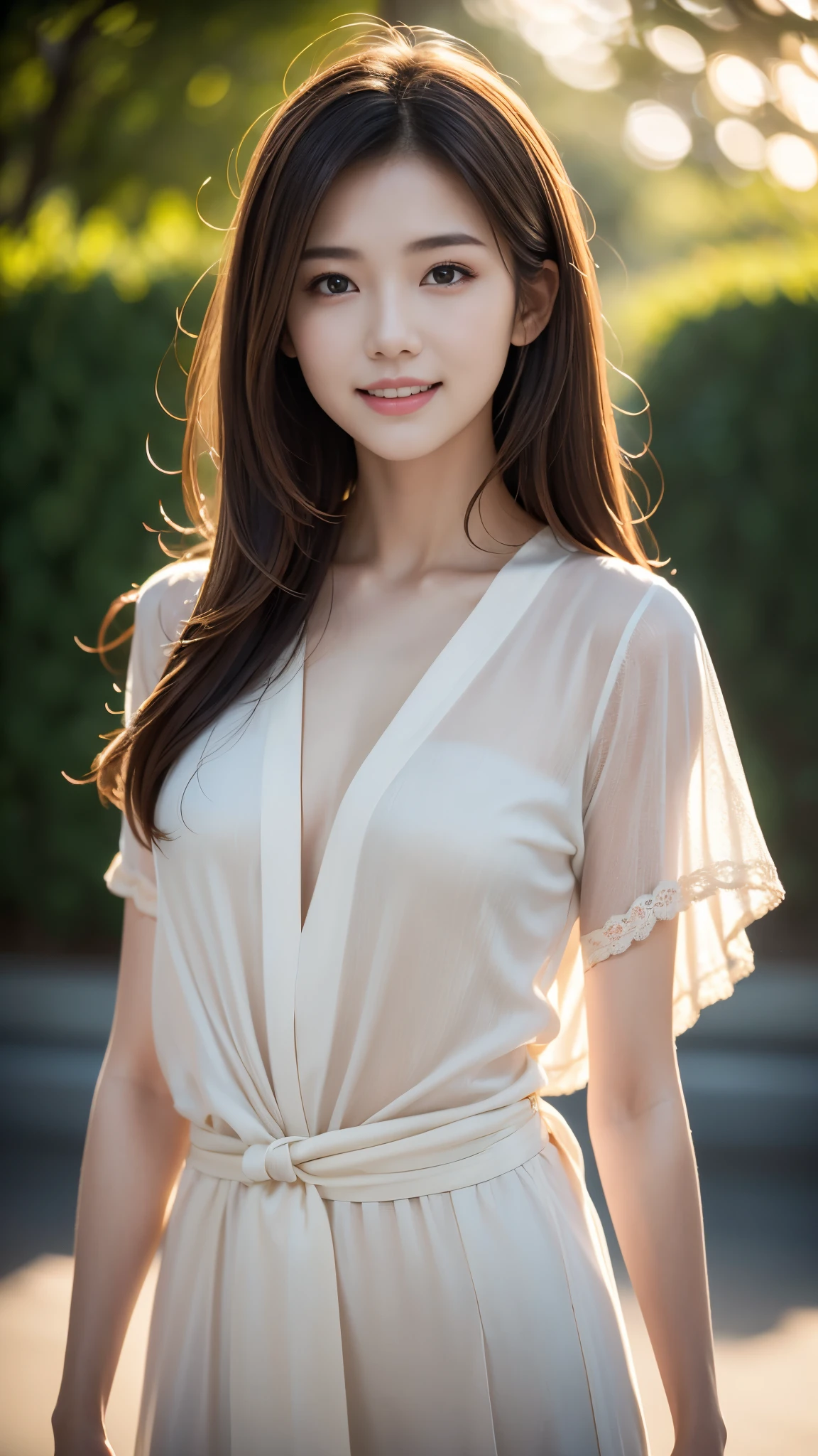 (masterpiece, Highest quality:1.1), (8K, RAW Photos, Photo Real:1.2, f22), (Shiny skin), Detailed skin,Long Hair,ribbon,Detailed face, Fine grain,smilee,break, Real World, Intricate details, smile, break, One girl, whole body,(All-in-one,brown)break, (Morning City:1.4)