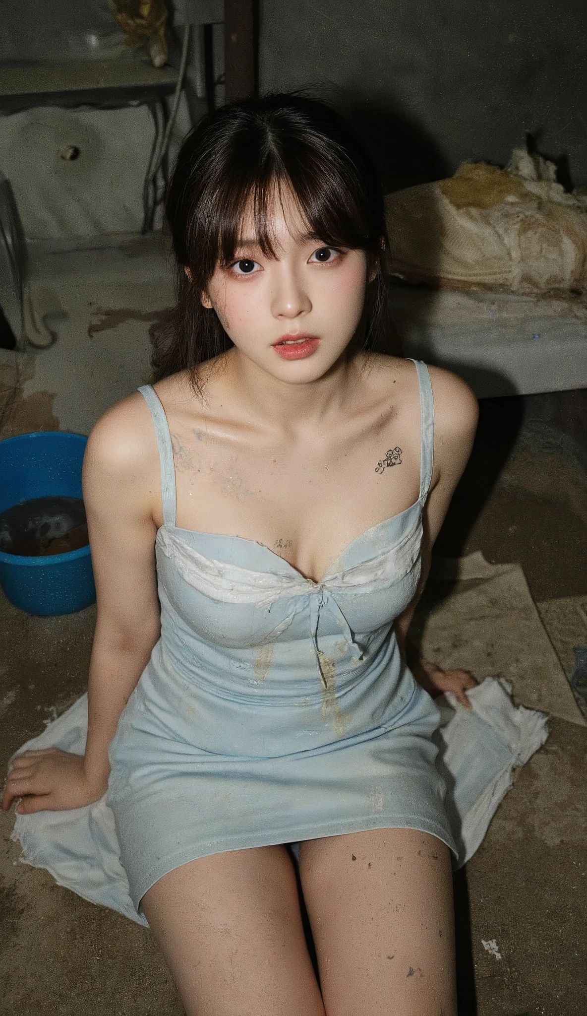NSFW,
Photorealistic,
Highly detailed,
full body,
a beautiful Korean girl,
She is very young, she is in her early s,
Her hair is slightly chestnut black,
her hairstyle is a long ponytail with bangs,
her hair is messy and frayed,
She has several tattoos,
one of which is a poop print,
She was a Korean idol singer,
She is a prostitute for beggars now,
Her skin is as white as snow,
her thighs are very thick and curvy,
She is wearing a sleeveless light blue mini skirt dress,
which has a sailor collar,
The dress has a slit,
the dress is very dirty,
the dress is torn in places,
Her whole body was dirty and dusty,
Her face and body are covered with numerous small scars, Bruise marks,
needle wounds, knife wounds, whip marks, wounds from being tied up,
She is facing forward,
She is exposing her right breast,
She is staring at the camera with a surprised look,
Slums at night, dim lights,
She is in a filthy room in a slum apartment,
with all kinds of rubbish scattered around,
The room had a dirty mattress, a broken fan, a big dirty bag, a blue plastic bucket full of feces,