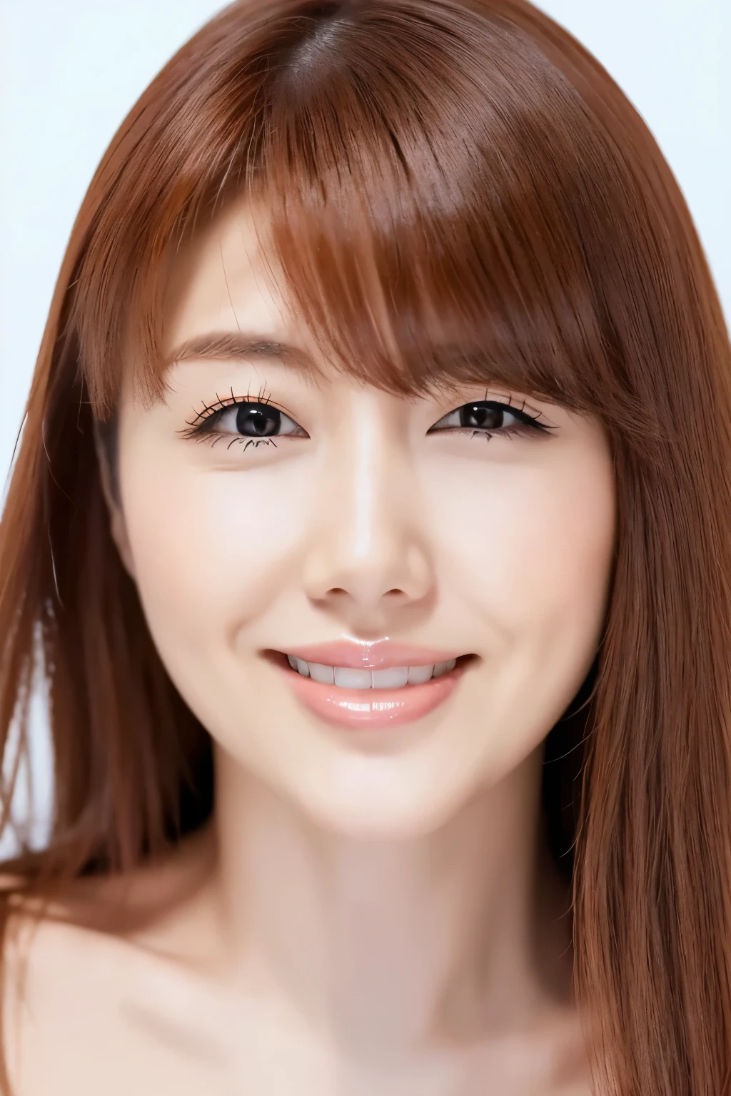 ( table top、 top quality 、8k、Award-winning works、 Ultra-fine)、 one woman 、 50 years old、 face close-up 、 Perfect Beautiful Face 、( pure white background :1.1)、( nudes:1.4)、 glossy lips、 pure white background、 biggest smile