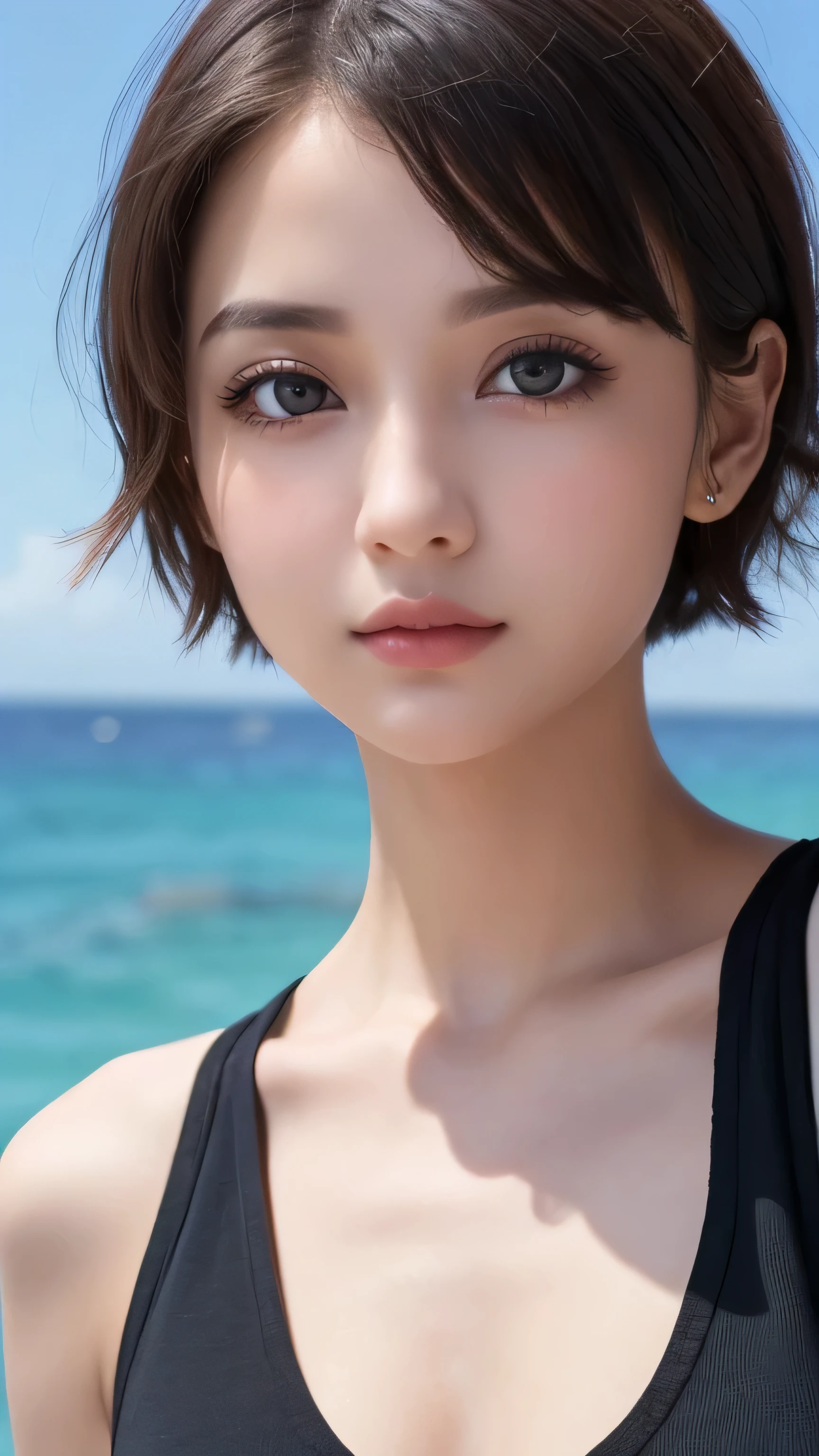 masutepiece, Best Quality, Illustration, Ultra-detailed, finely detail, hight resolution, 8K Wallpaper, Perfect dynamic composition, Beautiful detailed eyes, swimsuit, Natural Color Lip,beach, random cute poses