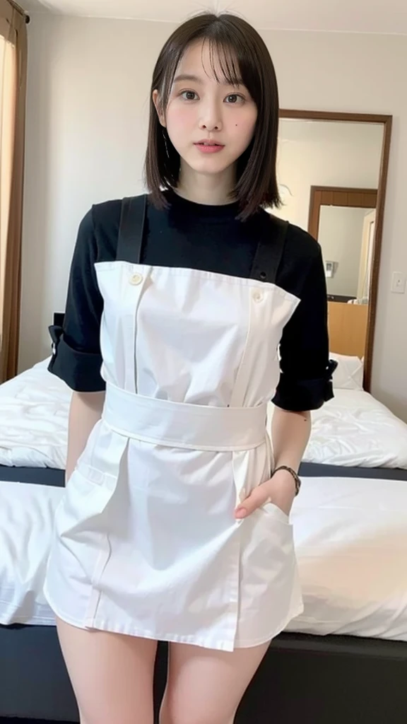 Highest quality、masterpiece、8k、Very detailed、Realistic、(One person:1.2)、Looking at me with a smile、whole body、Black Hair、Short Hair、Small face、Slender、(Very large breasts:1.2)、Thin and beautiful legs、narrow and constricted waist,、(Family Restaurant Uniforms:1.2)、A tight-fitting white shirt with buttons and a collar、A short, black, high-waisted skirt、(Nobody background)