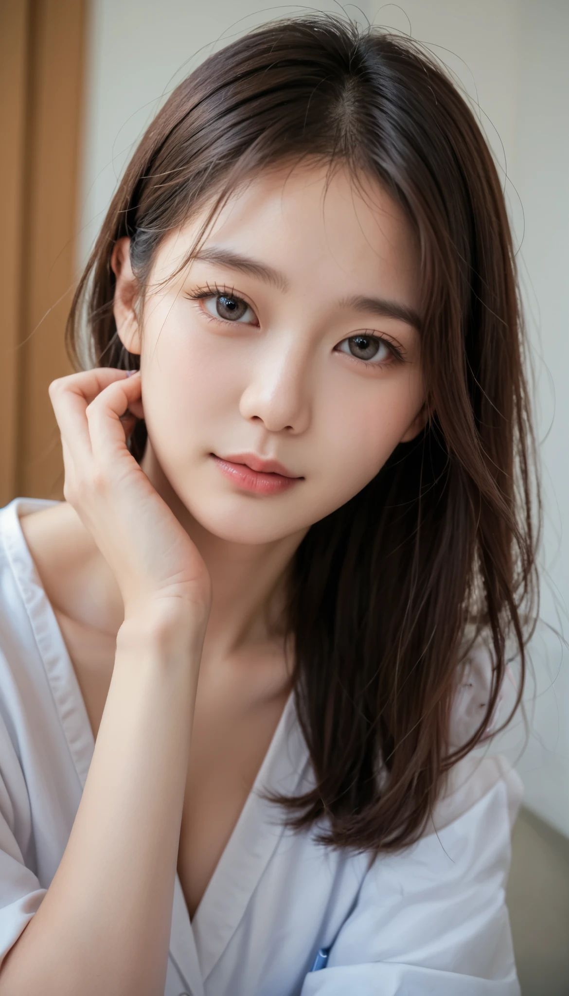 Realistic photo, 20 year old korean beauty korean housewife face woman, young looking housewife figure, wearing casual clothes and having a consultation with a doctor in a hospital Headshot face woman looking at camera, delicate face and body, natural light, high resolution, realistic photo, (top quality, 8K, high resolution, masterpiece : ), very detailed, (realistic, photo realistic, photo reality: ), slender body realistic skin texture, slightly small eyes and , beautiful and delicate face, long eyelashes, smooth skin, stylish body shape real photo SLR camera UHD quality best, knees shown, underwear not visible.