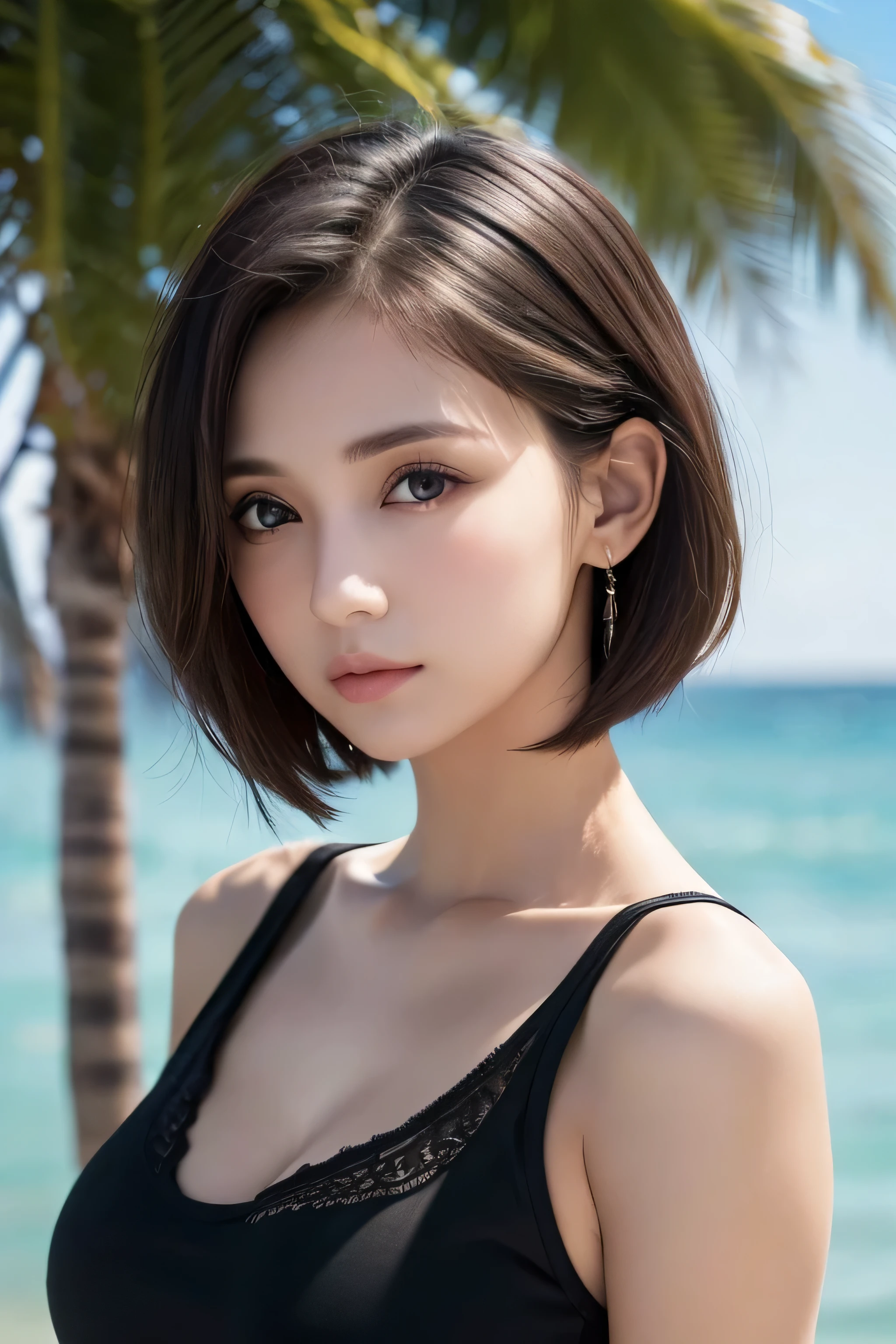beautiful girl, brown eyes, beautiful 18 year old girl, Brown highlights hair, undercut pixie hair, short hair, lips, realistic, narrow waist, charming, pink lipstick, colorful makeup, long eyelashes, fair skin, (cute), (detailed face), detailed eyes, detailed iris, (large breasts:1.2), (full body:1.2), ((white shirt, pleated miniskirt)), (quicksand, partially submerged)