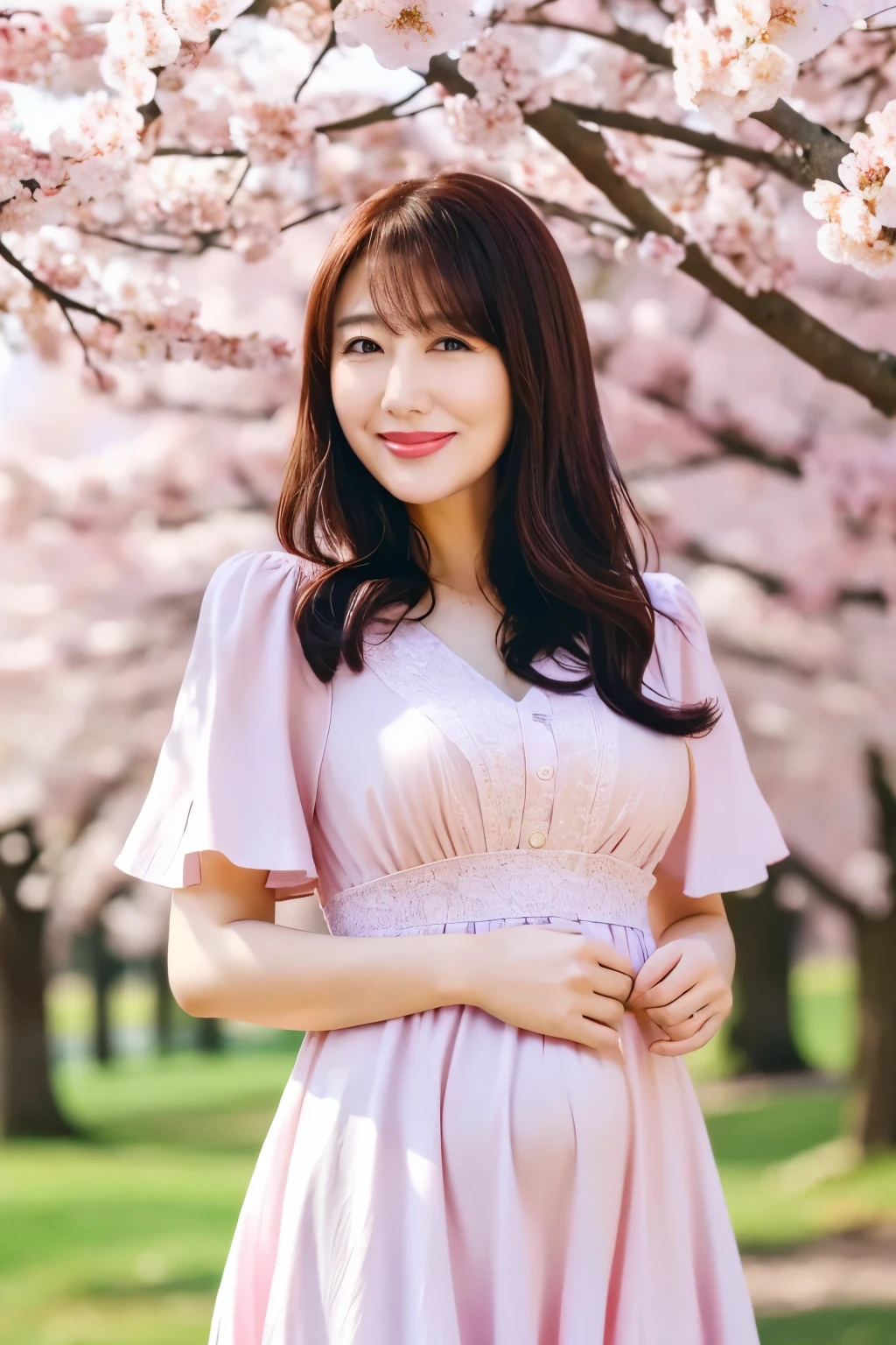 ( top quality、Masterpiece、8k、 Highest Image Quality Sharp Shooting 、Award-winning works)、 Woman 1 、40 years old、A walk in the park、(Alone:1.1)、( 1 photo:1.1)、Slightly pregnant、 little chest、elegant mini dress 、 short dress with the castle in the background at night、Fully effective 、thin、 the best smile is staring at me 、 COMPLETE ANATOMY 、 Cherry blossom bokeh in full bloom ,、 Big Lawn Park 、 It makes me feel refreshed 、 very bright and vivid 、 Beautiful Ultra High Resolution Eyes 、 Super High Resolution Perfect Beautiful Teeth 、 Ultra high definition beautiful face 、 Beautiful Hair in Ultra HD 、 Perfect teeth alignment、 cowboy shot