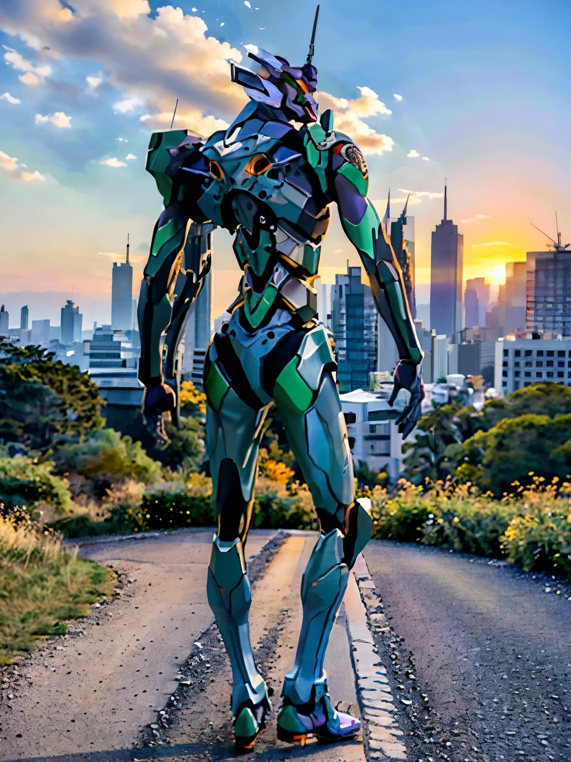 Eva01), (Eva初号機), realistic, Eva, evangelion mecha realistic, SF, Staring at the Audience , ( Official Art, Mejor calidad , Masterpiece: 1.2), High Definition , background, 8K HDR,(Extremely biological ),( has a pro knife ),( see a beautiful abstract background {x} smooth body surface like a living thing ),( A futuristic city with few bullets and beautiful organic stuff ),( head is the first unit ),( Organic giant ), Full Body Portrait,(Broad shoulders),( musculoskeletal 々),( back arched),( Saturn Stance ),( can see internal teeth when opening the mouth ),( Beautiful Sunset ),( Extremely Wide Shouldered ),(The 200-meter-tall giant ), Unicorn、( body like a bodybuilder )