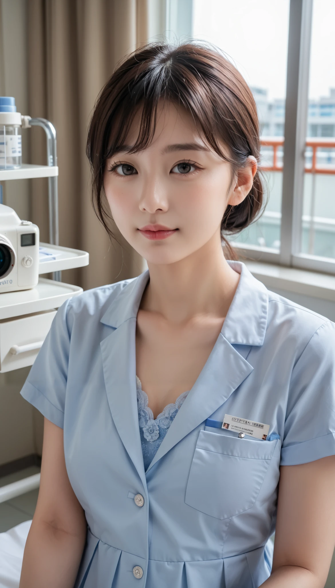 Realistic photo, 20 year old korean beauty korean housewife face female, young looking housewife figure, wearing casual clothes, consulting a doctor in a hospital, hospital facilities are visible behind her Headshot face female looking at camera, delicate face and body, natural light, high resolution, realistic photo, (Top quality, 8K, high resolution, masterpiece : ), very detailed, (realistic, photo realistic, photo reality: ), slender body realistic skin texture, slightly small eyes and , beautiful and delicate face, long eyelashes, smooth skin, stylish body shape real photo SLR camera UHD quality best, knees shown, underwear not visible.