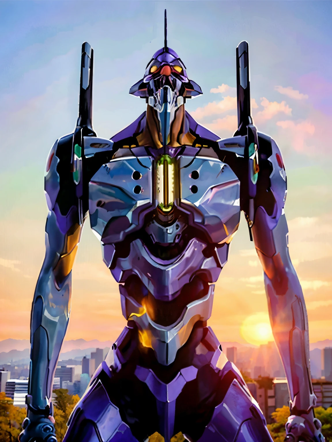 Eva01), (Eva初号機), realistic, Eva, evangelion mecha realistic, SF, Staring at the Audience , ( Official Art, Mejor calidad , Masterpiece: 1.2), High Definition , background, 8K HDR,(Extremely biological ),( has a pro knife ),( see a beautiful abstract background {x} smooth body surface like a living thing ),( A futuristic city with few bullets and beautiful organic stuff ),( head is the first unit ),( Organic giant ), Full Body Portrait,(Broad shoulders),( musculoskeletal 々),( back arched),( Saturn Stance ),( can see internal teeth when opening the mouth ),( Beautiful Sunset ),( Extremely Wide Shouldered ),(The 200-meter-tall giant ), Unicorn、( body like a bodybuilder )