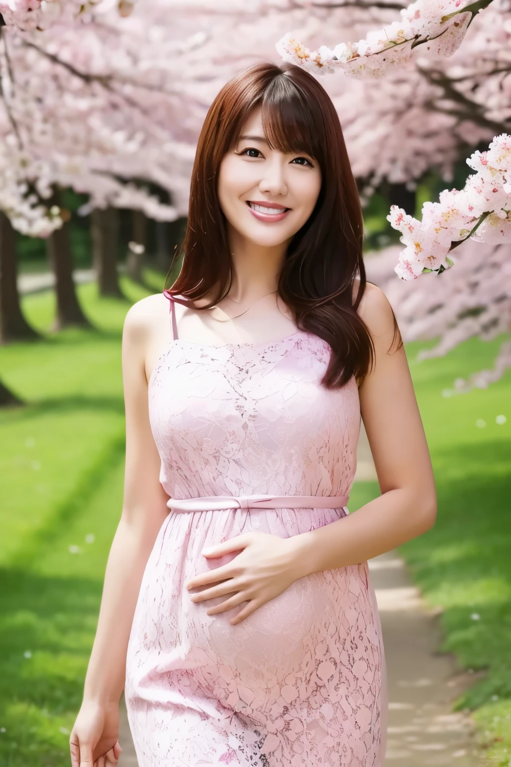 ( top quality、Masterpiece、8k、 Highest Image Quality Sharp Shooting 、Award-winning works)、 Woman 1 、40 years old、A walk in the park、(Alone:1.1)、( 1 photo:1.1)、Slightly pregnant、elegant lace dress 、 Fully effective 、thin、 The Best Smile Is Staring At Me 、 COMPLETE ANATOMY 、 Cherry blossom bokeh in full bloom ,、 Big Lawn Park 、 It makes me feel refreshed 、 very bright and vivid 、 Beautiful Ultra High Resolution Eyes 、 Super High Resolution Perfect Beautiful Teeth 、 Ultra high definition beautiful face 、 Beautiful Hair in Ultra HD 、 Perfect teeth alignment、 photo above thigh