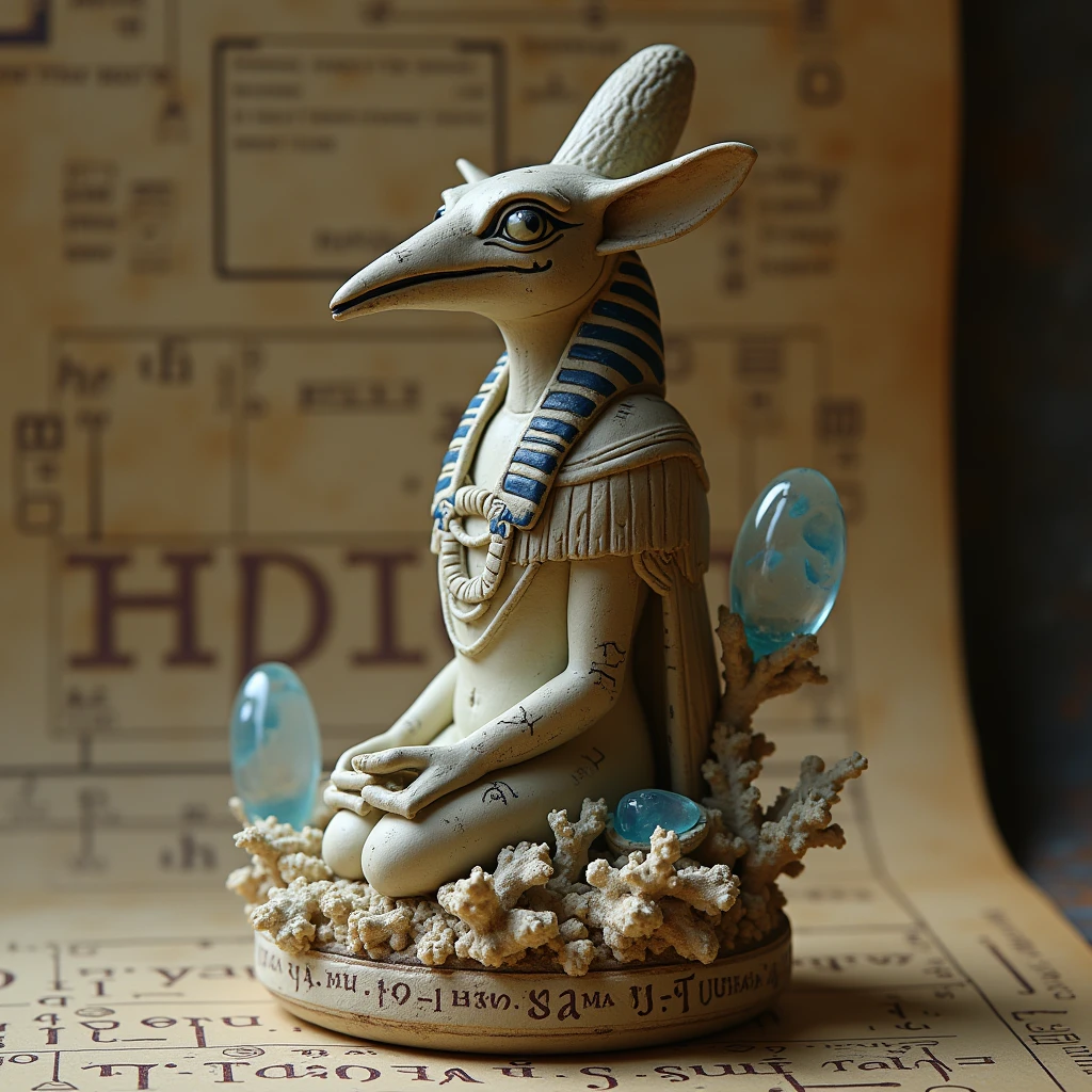 Small clay thoth figurine"Design a celestial-themed Egyptian mythology thoth god of wisdom figurine with intricate steampunk aesthetics. texture. with a coral-encrusted metallic base, add glowing Moonstone gemstones at the tips. insert the engraving letter of 'hbar' on the thoth figurine. add a carve typography "hbar" labeled with lowercase elegant text in a celestial style. Use a background of an old script or mechanical blueprint. Add text, letter,typography, font hbar, hbar, hbar on thoth figurine".