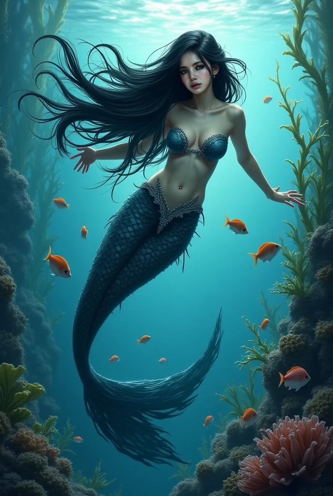 high details, best quality, 16k, [ultra detailed], masterpiece, best quality, (extremely detailed), full body, ultra wide shot, RAW, photorealistic, dark fantasy art, dnd art, rpg art, realistic art, an ultra wide picture of a vampiric mermaid (1.5 intricate details, Masterpiece, best quality) blood mage casting ((blood control spell)), blood wizard ((blood magic, intense magic details)), ((controlling a swirling mass of blood)) underwater, magical symbols GlowingRunes_pink, female vampiric mermaid, pale skin, black hair, long hair, swirling hair, lower body tail fin, intense eyes, red eyes, small (( red eyes)), ((glowing eyes)), wearing sea shell clothing, beautiful dark mermaid, underwater background, rich underwater life, ((magical atmosphere)), fish and sea weeds, high details, best quality, highres, ultra wide angle