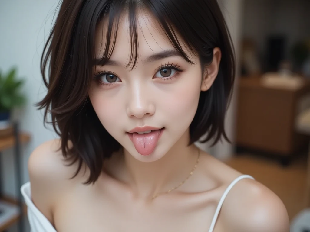 (Singapore:1.5), Close-up, Masterpiece, Top quality, Picture from the waist up, Photorealistic, Face, Incredibly absurd, Beautiful girl, Cute, Short hair, Depth of field, High resolution, Ultra detail, Fine detail, Very detailed, Very detailed eyes and face, Sharp pupils, Realistic pupils, Sharp focus, Cinematic lighting, jewel babydoll clothes, ((ahg)), breast grab, fellatio gesture, fingers around tongue,