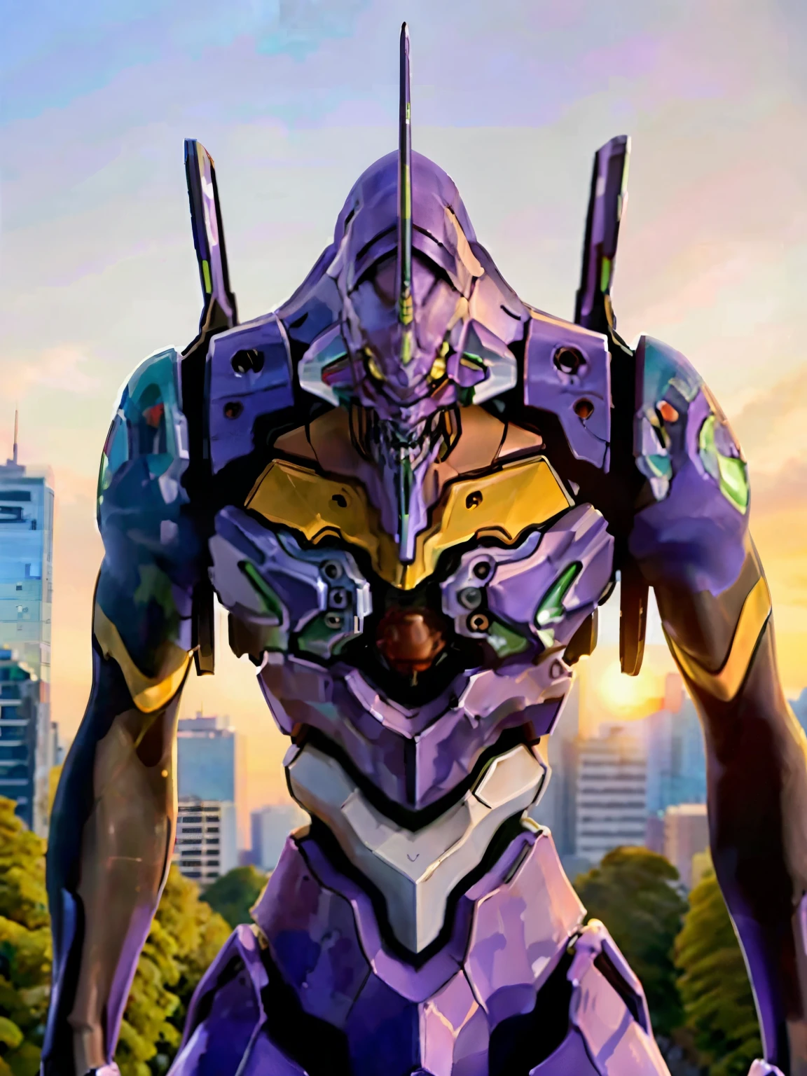 Eva01), (Eva初号機), realistic, Eva, evangelion mecha realistic, SF, Staring at the Audience , ( Official Art, Mejor calidad , Masterpiece: 1.2), High Definition , background, 8K HDR,(Extremely biological ),( has a pro knife ),( see a beautiful abstract background {x} smooth body surface like a living thing ),( A futuristic city with few bullets and beautiful organic stuff ),( head is the first unit ),( Organic giant ), Full Body Portrait,(Broad shoulders),( musculoskeletal 々),( back arched),( Saturn Stance ),( can see internal teeth when opening the mouth ),( Beautiful Sunset ),( Extremely Wide Shouldered ),(The 200-meter-tall giant ), Unicorn、( body like a bodybuilder )