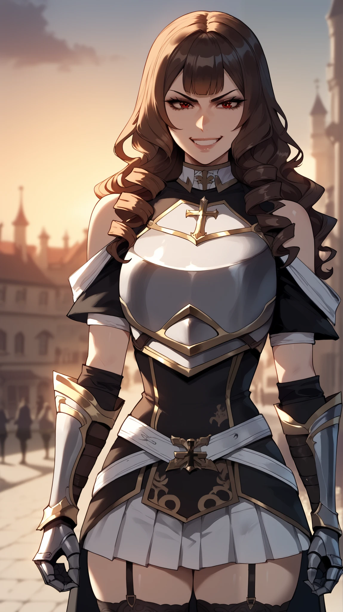  glossy lips, , long hair, dark brown hair, drill hair bangs, round face, red eyes, black shirt, black armour with gold trim , multicolored shirt, pleated skirt, gold breastplate, black miniskirt, white gloves, black elbow gloves, garter straps, bare shoulders, white belt, white belt, black thighhighs, evil grin, medieval city, sunset, metal gauntlets, cross, 